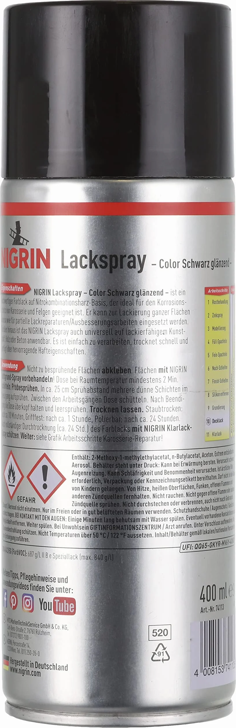 Nigrin - 74113 Pintura en Aerosol Negro Brillante 400 Ml