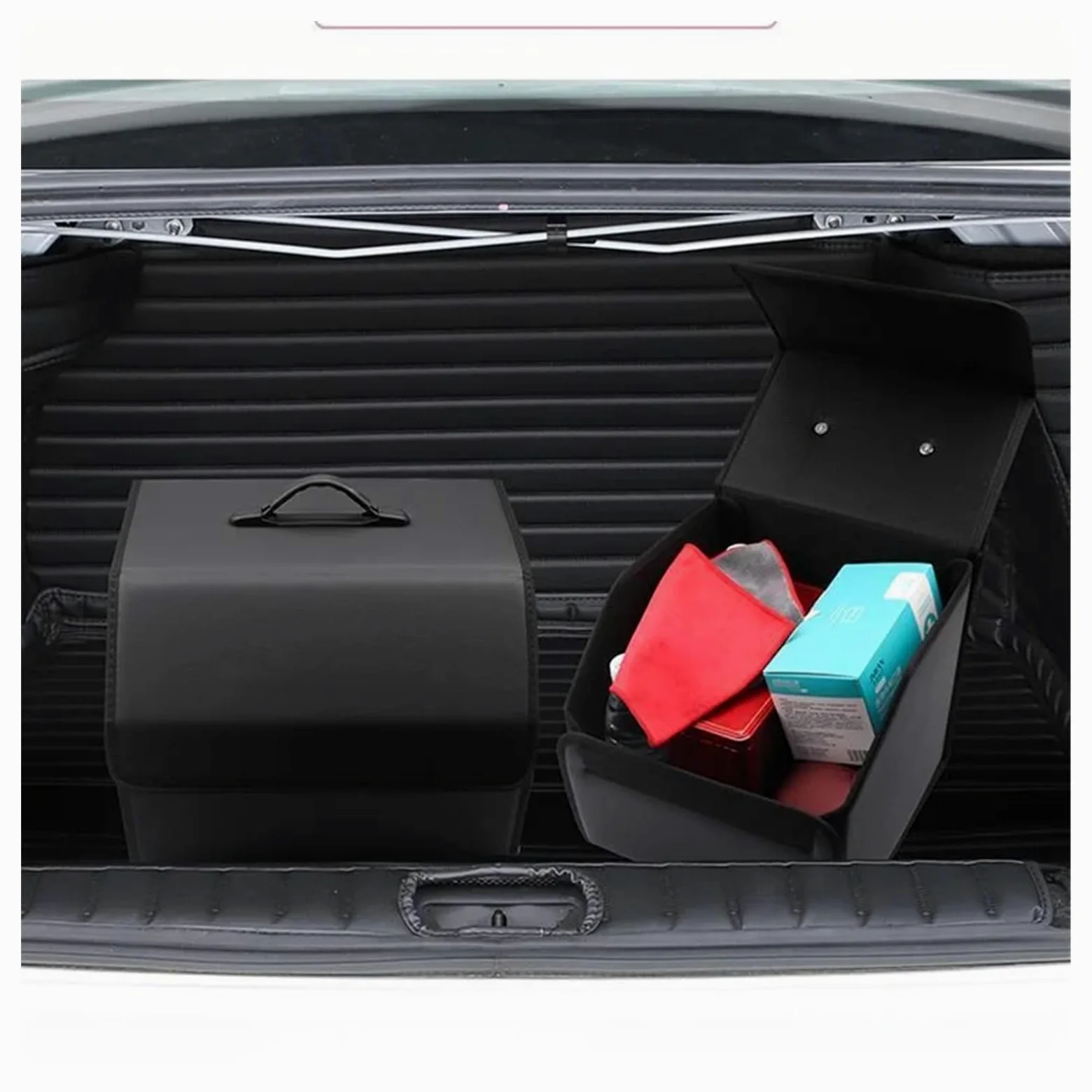 Organizador de Maletero de Coche de Cuero Premium con Asas - Caja de Almacenamiento Plegable Grande for SUV y sedanes - Organizador Multiusos for Accesorios y Herramientas de Coche (Negro)(40CM)