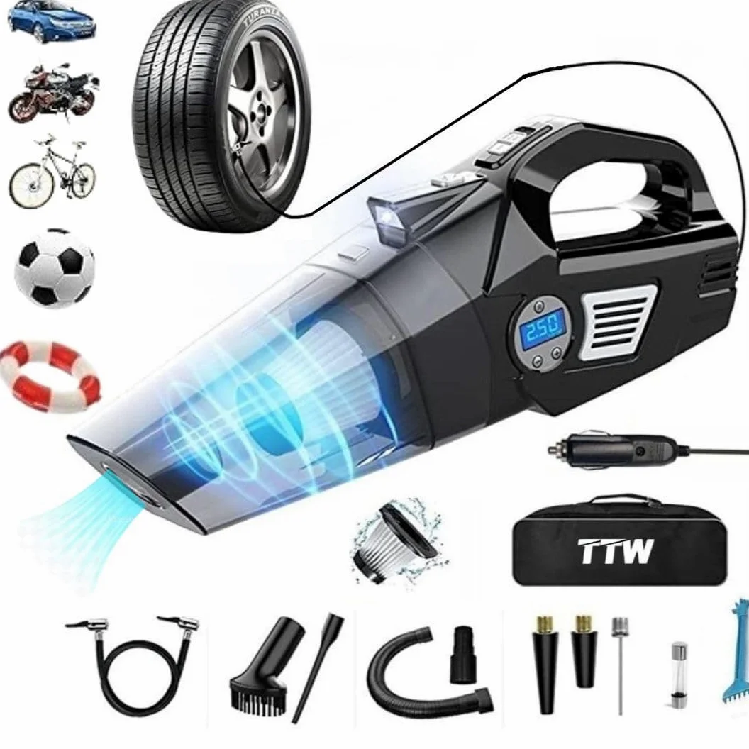 TTW Aspirador Coche 4 en 1 compresor de Aire 150 PSI Aspirador de Mano 12v 120W con compresor Aire portátil Coche con luz led inflador Ruedas Coche aspiradora de Mano