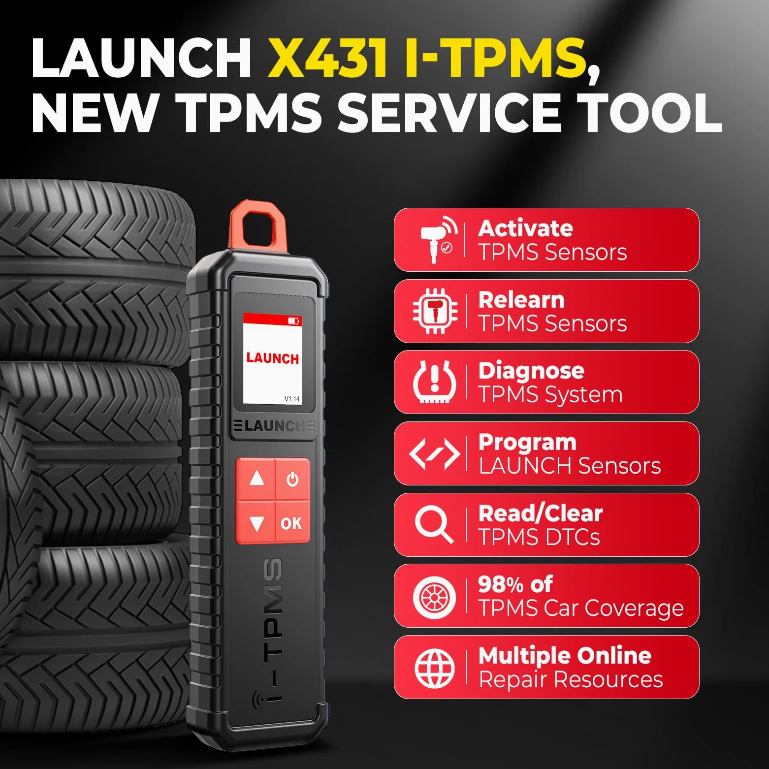 LAUNCH X431 i-TPMS Sensores de Presión de Neumáticos, Activar/Nuevo Aprender/Programar Detector de Presión de Neumáticos, Herramienta de Diagnóstico de TPMS Funciona con X431 V+/Pros V/Pad VII