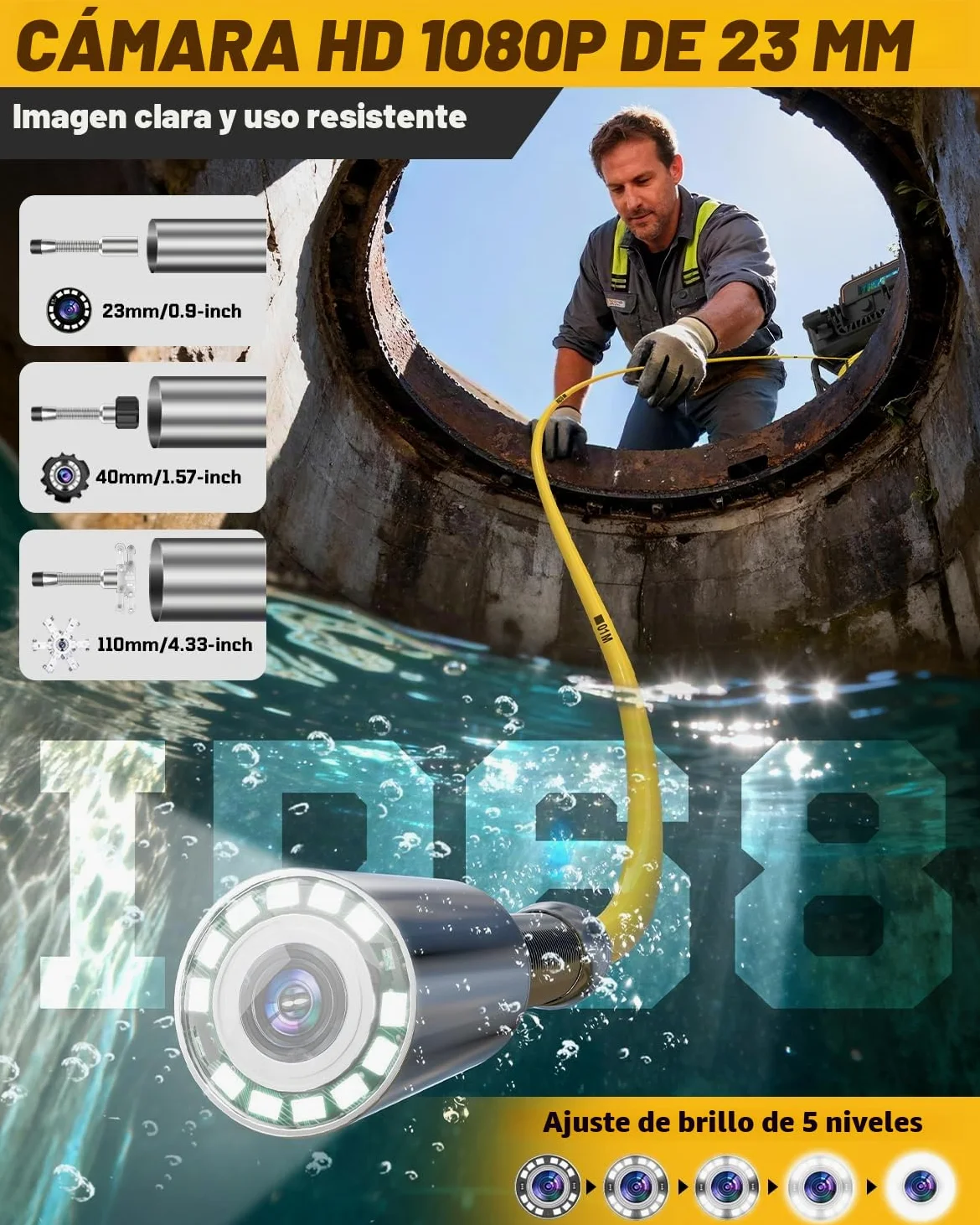 Camara Inspeccion Tuberias 30M con Sonda 512Hz | 1080P HD, Autonivelante, DVR, Cable de 7MM, Impermeable IP68, Adecuada para Alcantarillado, Tuberías, Piscinas y Desagües