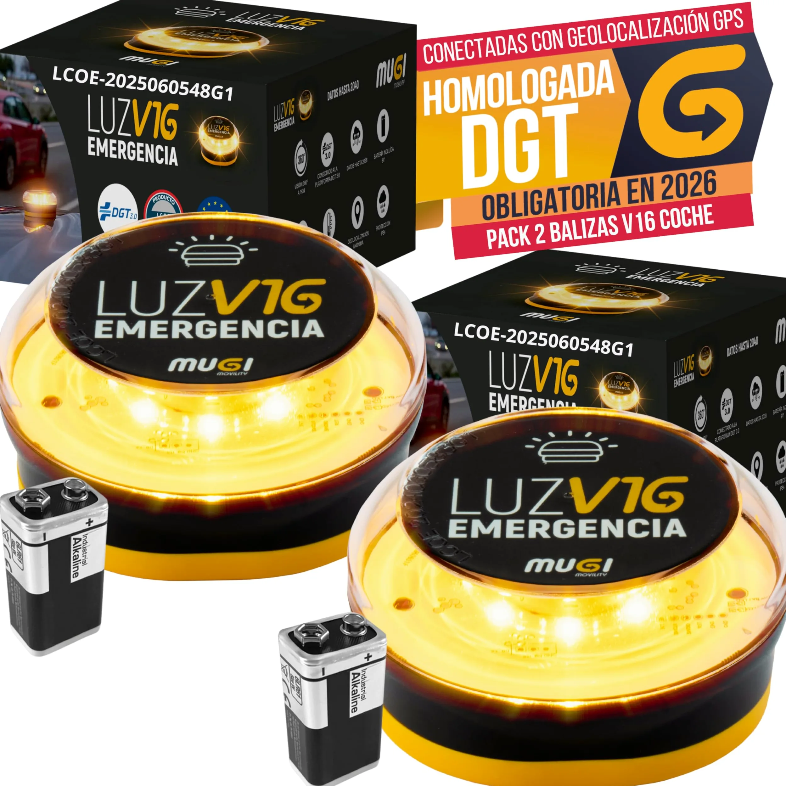Balizas V16 Homologadas DGT Conectadas con Geolocalizador - Luces Emergencia Coche LED 360º, Datos hasta 2040, SIM IoT, Boton 3s, IP54, Base Iman | Datos Incluidos Hasta 2040, SIM Sin Cuotas, Obligatoria 2026, LED 360º Visible 1Km, Base Imantada, Pila 9V,