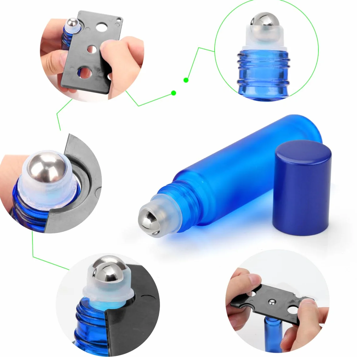 Juego de 9 botellas de cristal de 10 ml para aceite esencial con rodillo de acero inoxidable