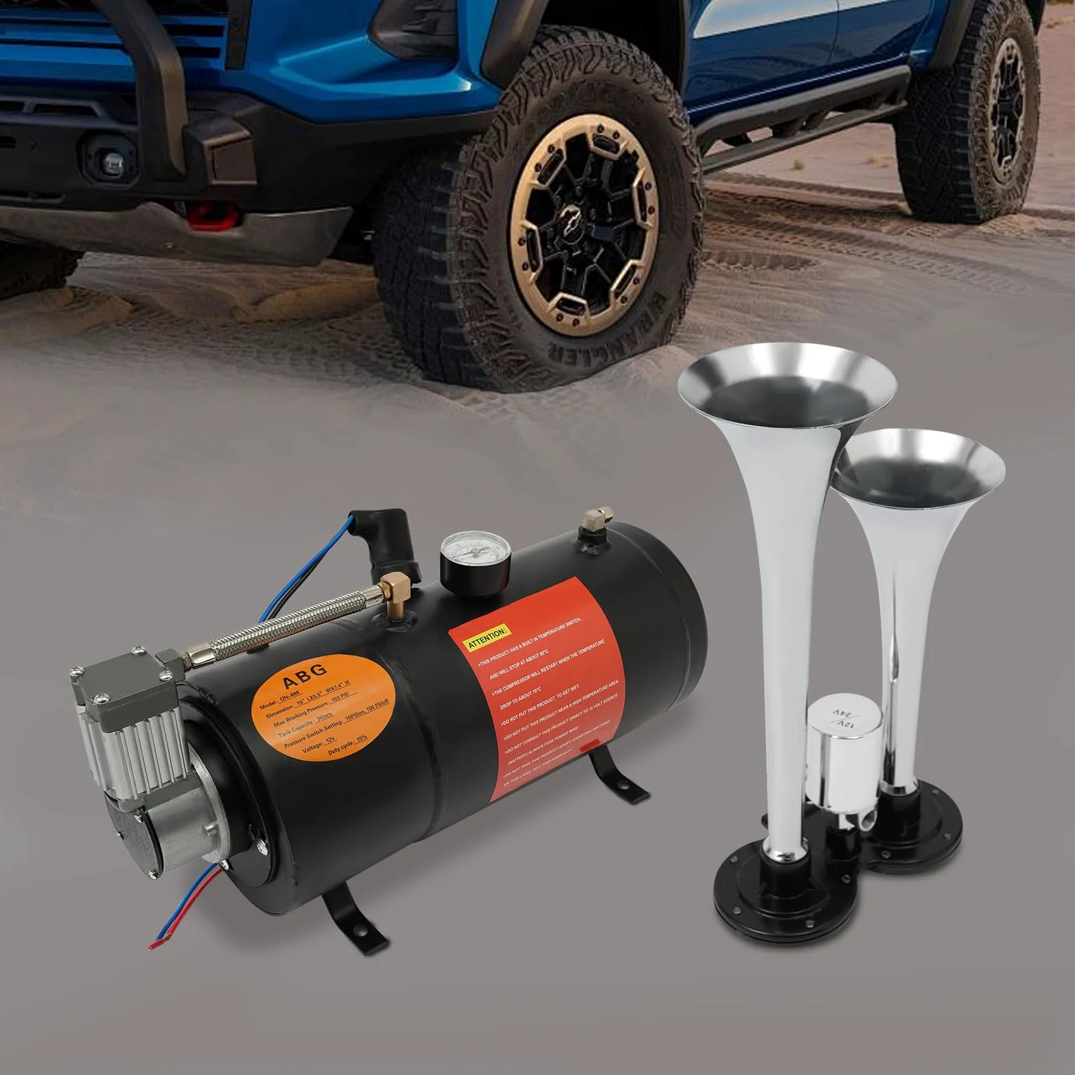 Compresor de aire 12 V, compresor de aire comprimido 150 psi con 3 L, cobre, modelo ON-688, para coches y barcos, con cuernos de aire, color negro