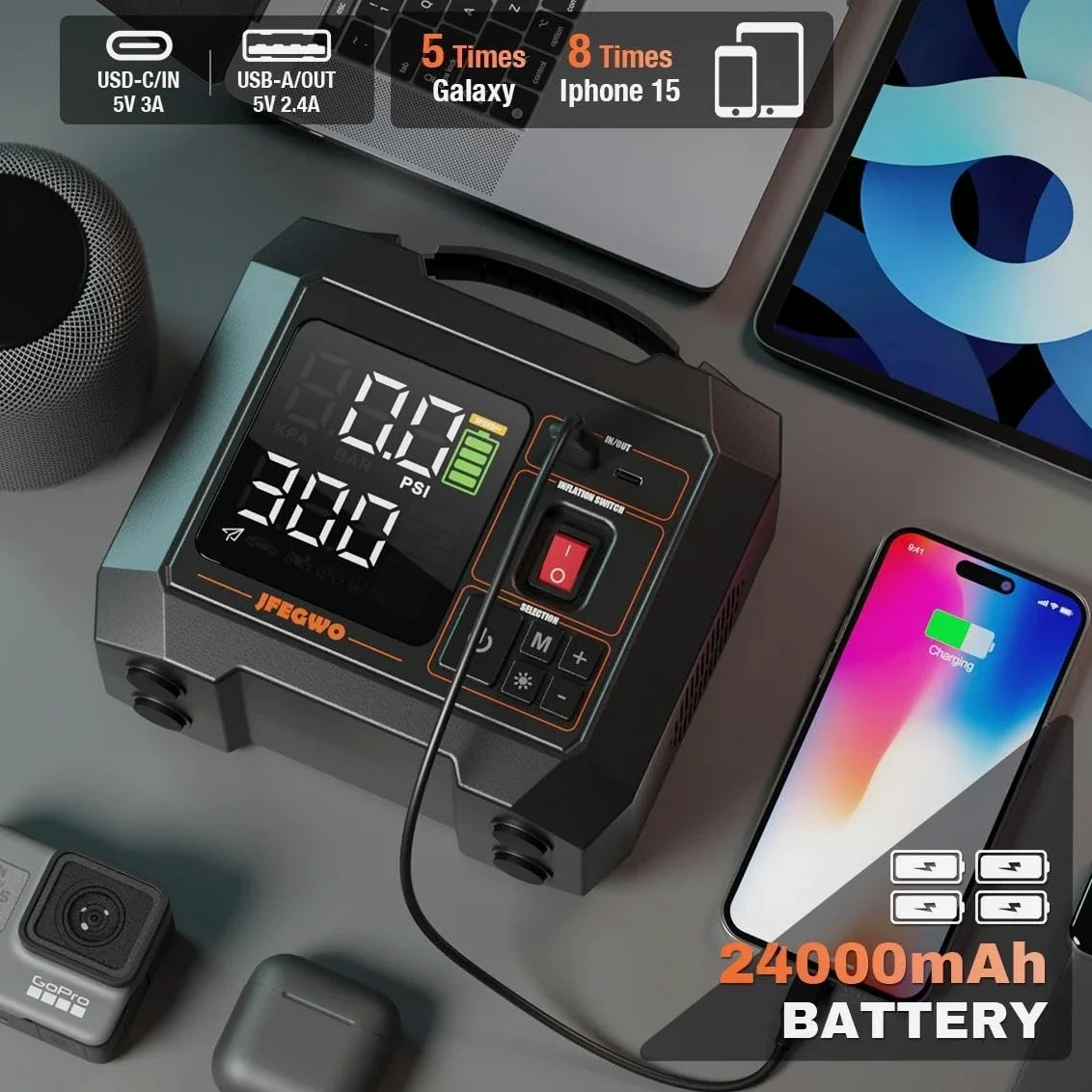 Inflador de neumáticos de coche, 300 PSI compresor de aire portátil, con pantalla digital y luz LED, adaptadores de boquilla, cable USB, para neumáticos de coche, bicicletas, botes de ramas