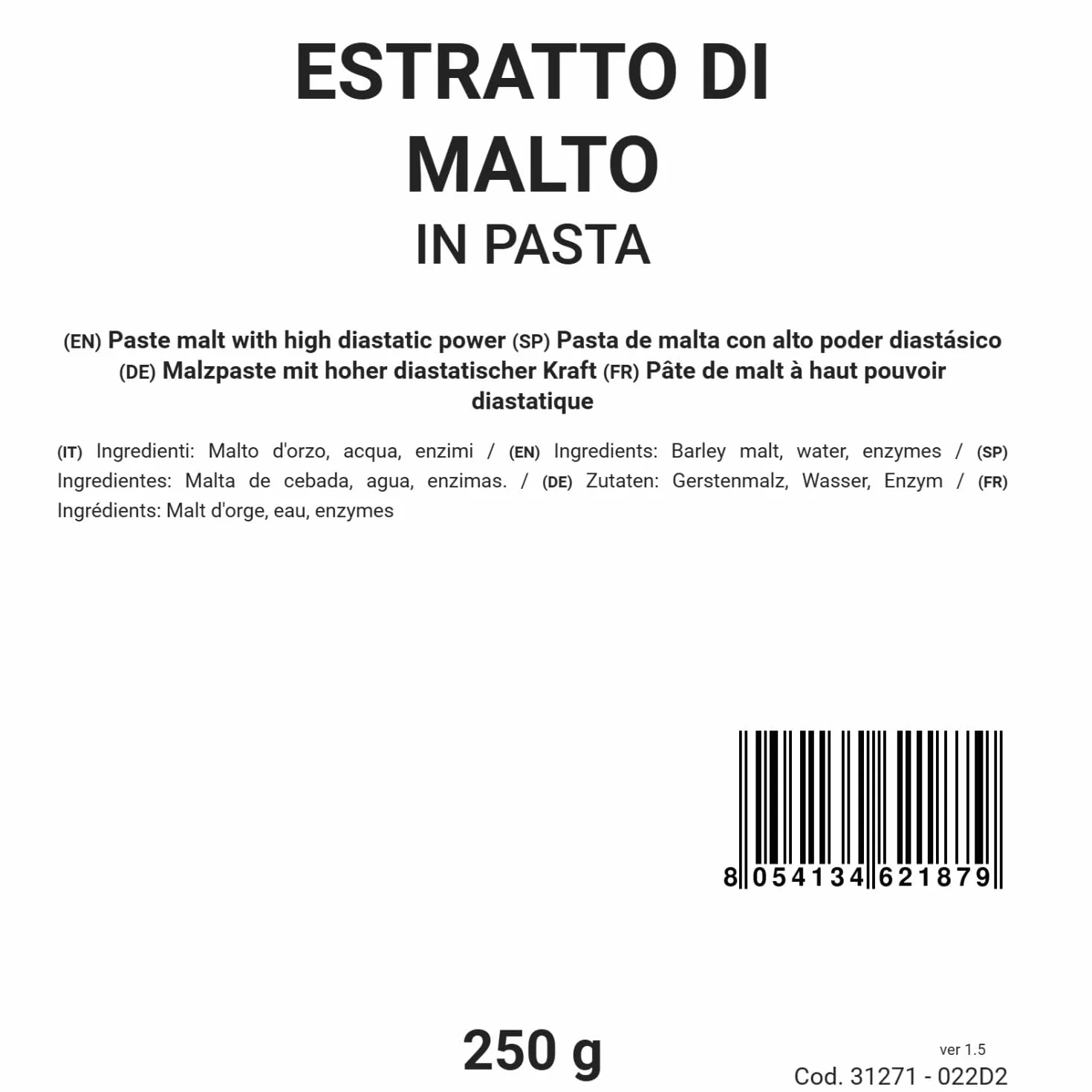 Bongiovanni Bontà Naturali Pasta de Malta con Alto Poder Diastásico 250 g Vegano