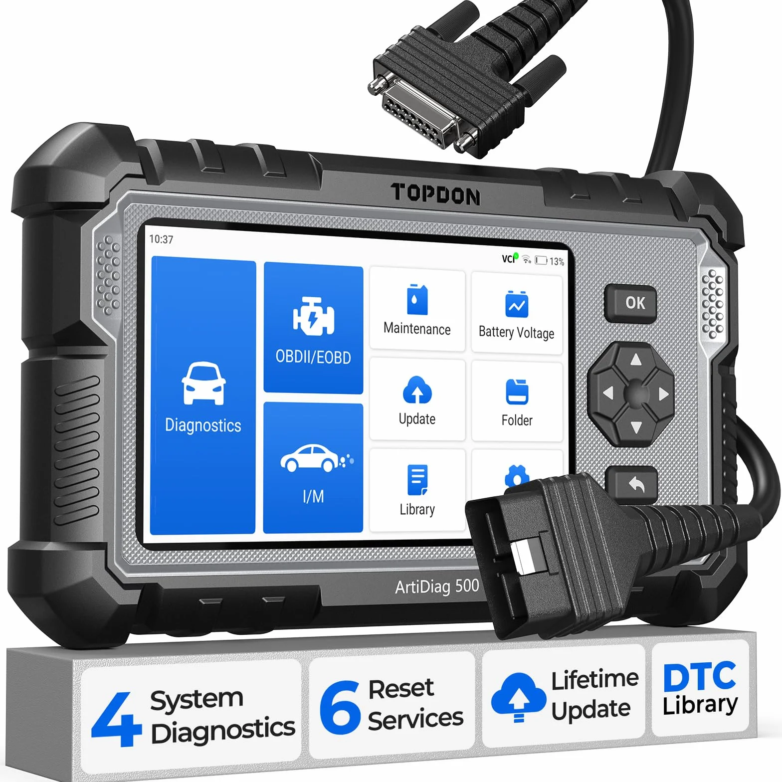 TOPDON AD500 OBD2 diagnosis coche multimarca con 4 Sistemas y 6 Funciones de Reinicio, Sistema de Motor ABS SRS Transmisión, reinicio para aceite/SAS/TPMS/ETS/BMS/freno, Actualización gratuita de WiFi