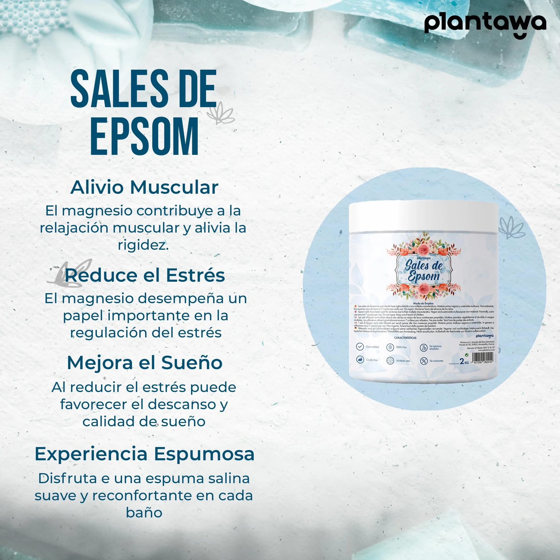 Sales de Epsom 2KG | Sales de Baño con Sulfato de Magnesio para Relajación Muscular | Aromaterapia Relajante, Baño Espumoso 100% Natural