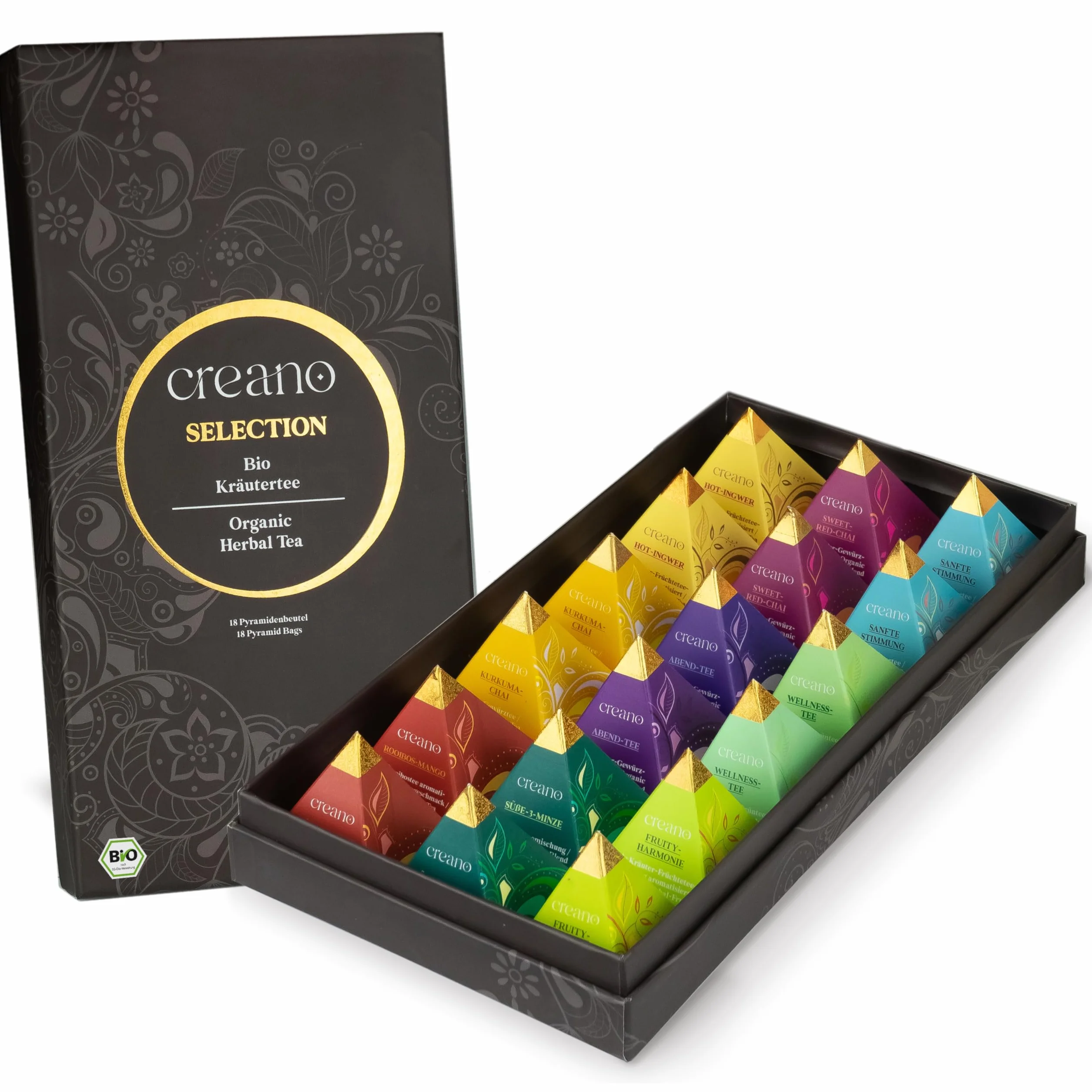 Creano Set de Regalo de Té Bio Infusión de Hierbas 18 Bolsitas Piramidales 9 Variedades Surtidas Sin Cafeína