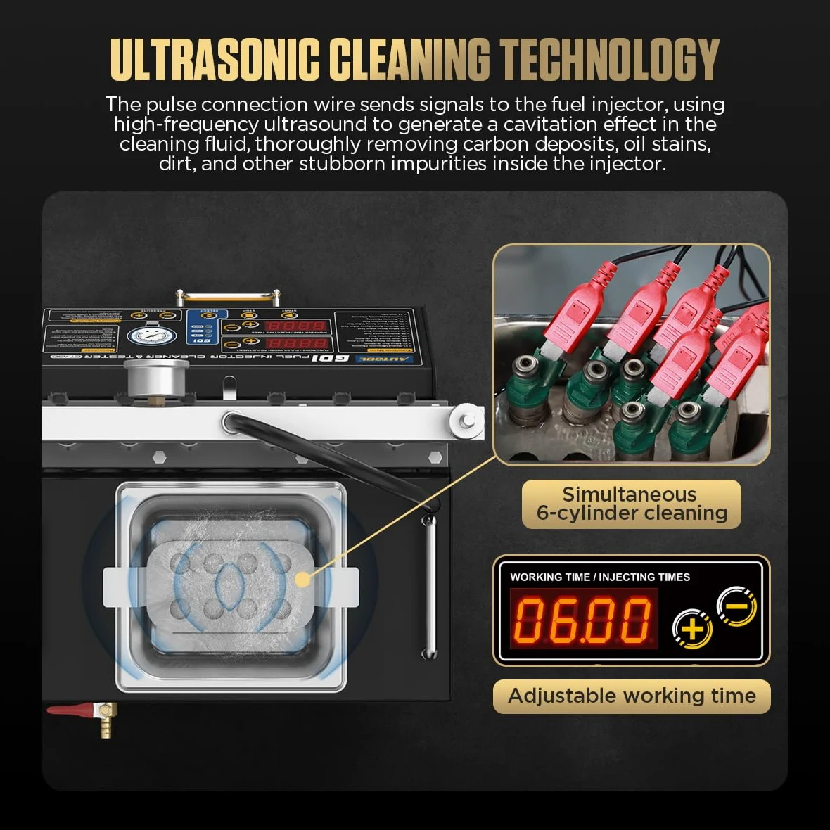 AUTOOL CT450 Probador de Inyector Combustible y La Máquina Limpieza, Limpia Inyectores Gasolina GDI, EFI, FSI Limpiador Ultrasónico de Inyección, Limpieza con Calor, 6 Cilindros, 220V