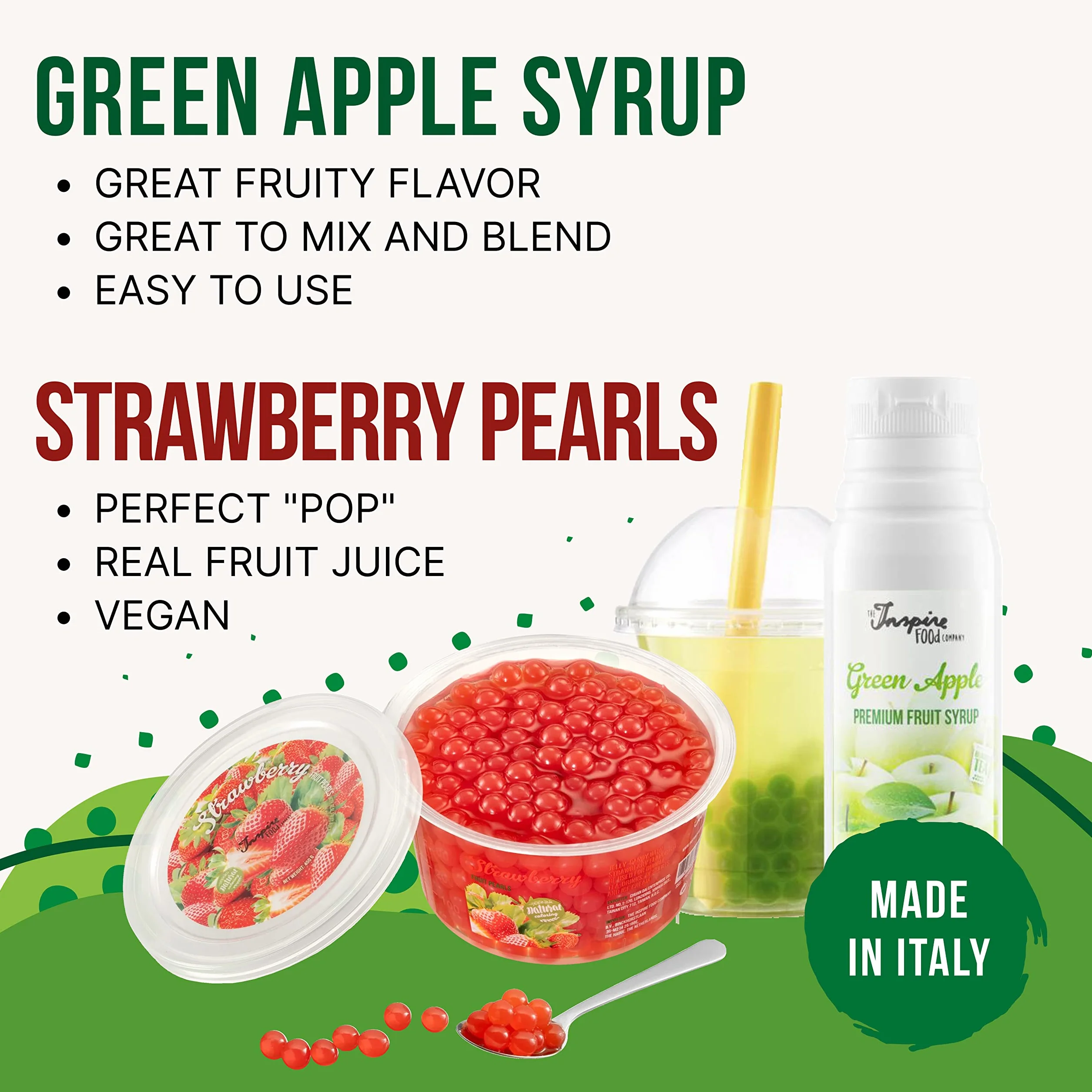 INSPIRE FOOD Bubble Tea Pearls Set - Strawberry Popping Boba 450g, Green Apple Syrup 300ml, 2 Straws