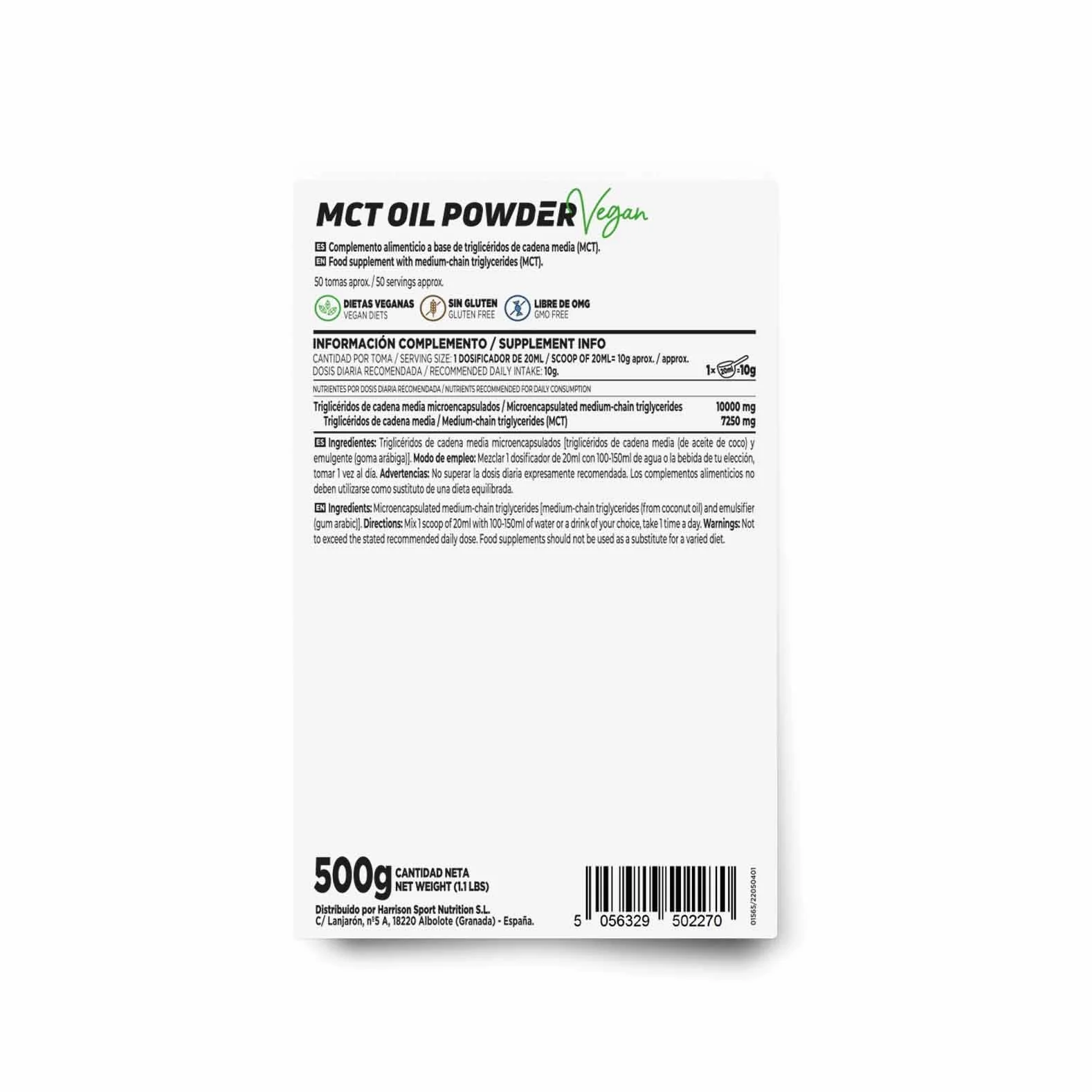 HSN Aceite MCT de Coco en Polvo 500g 50 Servicios Triglicéridos Cadena Media Microencapsulados Keto Vegano Sin Azúcares Gluten