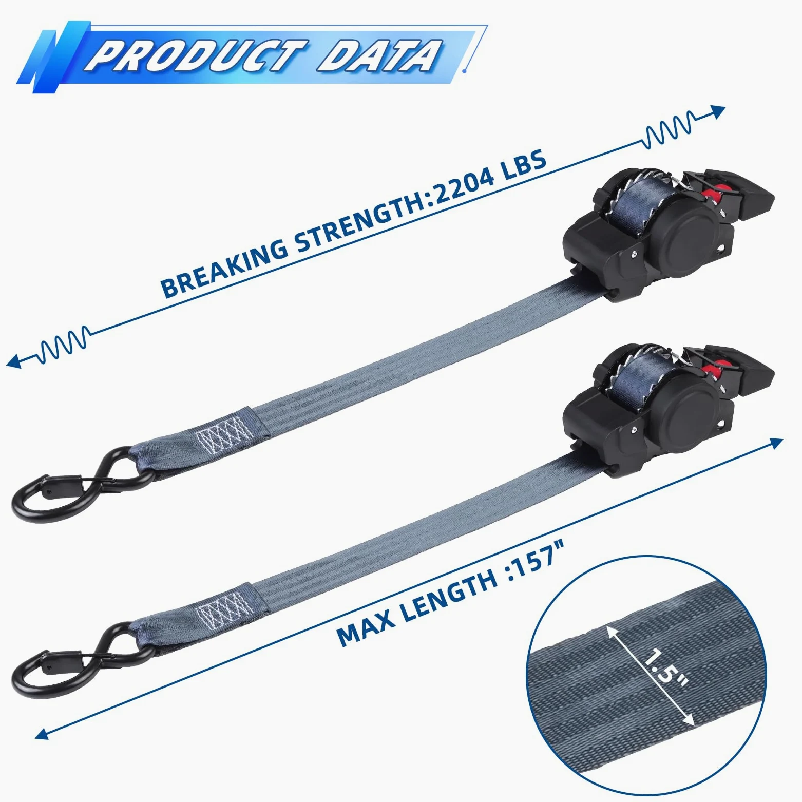 Paquete de 2 correas de trinquete retráctiles (1.5 pulgadas x 12 pies), correas de carga para maletero, motocicletas de garaje, ATV, remolques-WLL1,46.3 kg, BS: 1.0 kg (negro)