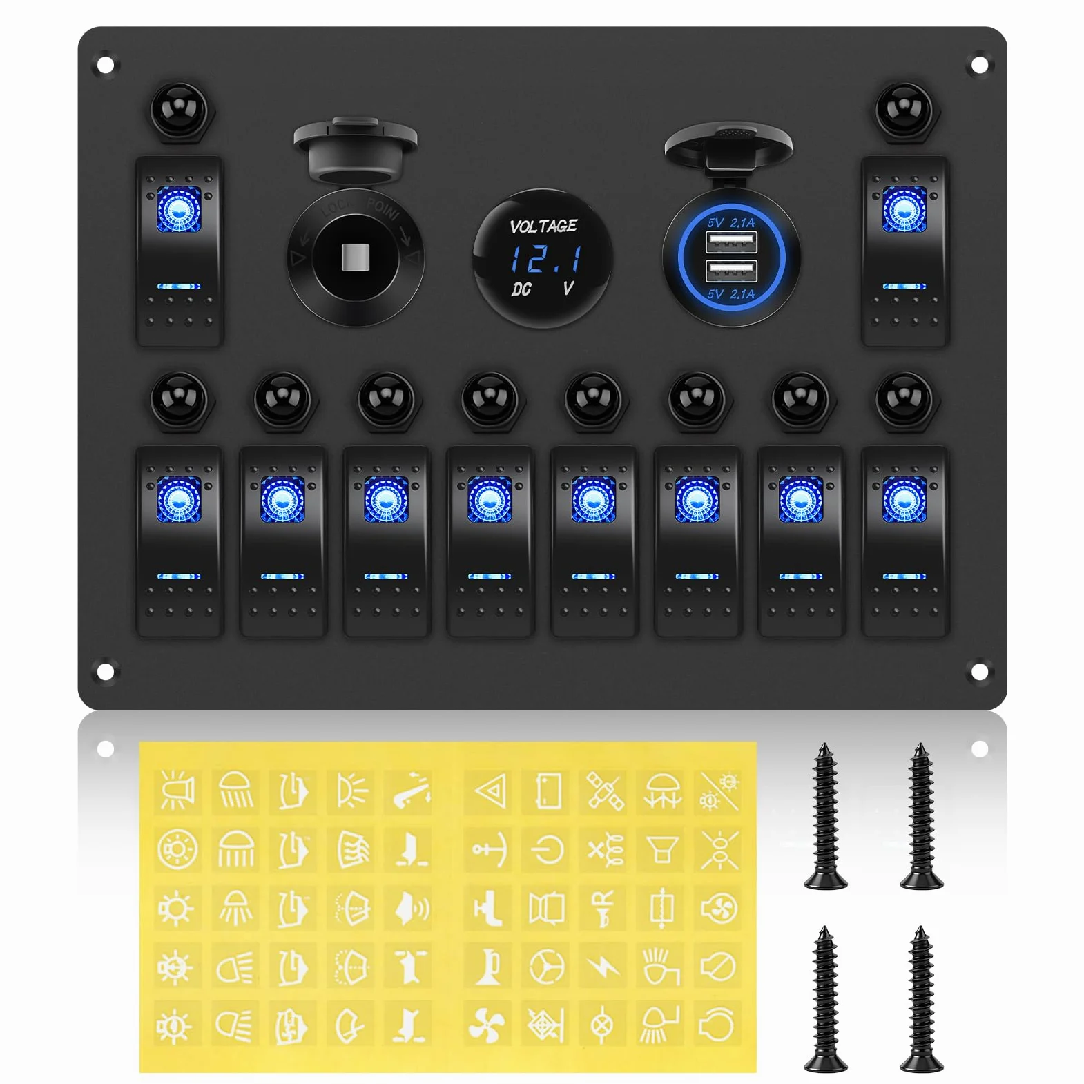 Geloo Panel de Interruptores 10Gang Impermeable Interruptor de Palanca 12V | con Interruptor Basculante, Disyuntor, Voltímetro, Toma de Encendedor, Cargador USB Doble para Barco Camper Coches Caravana