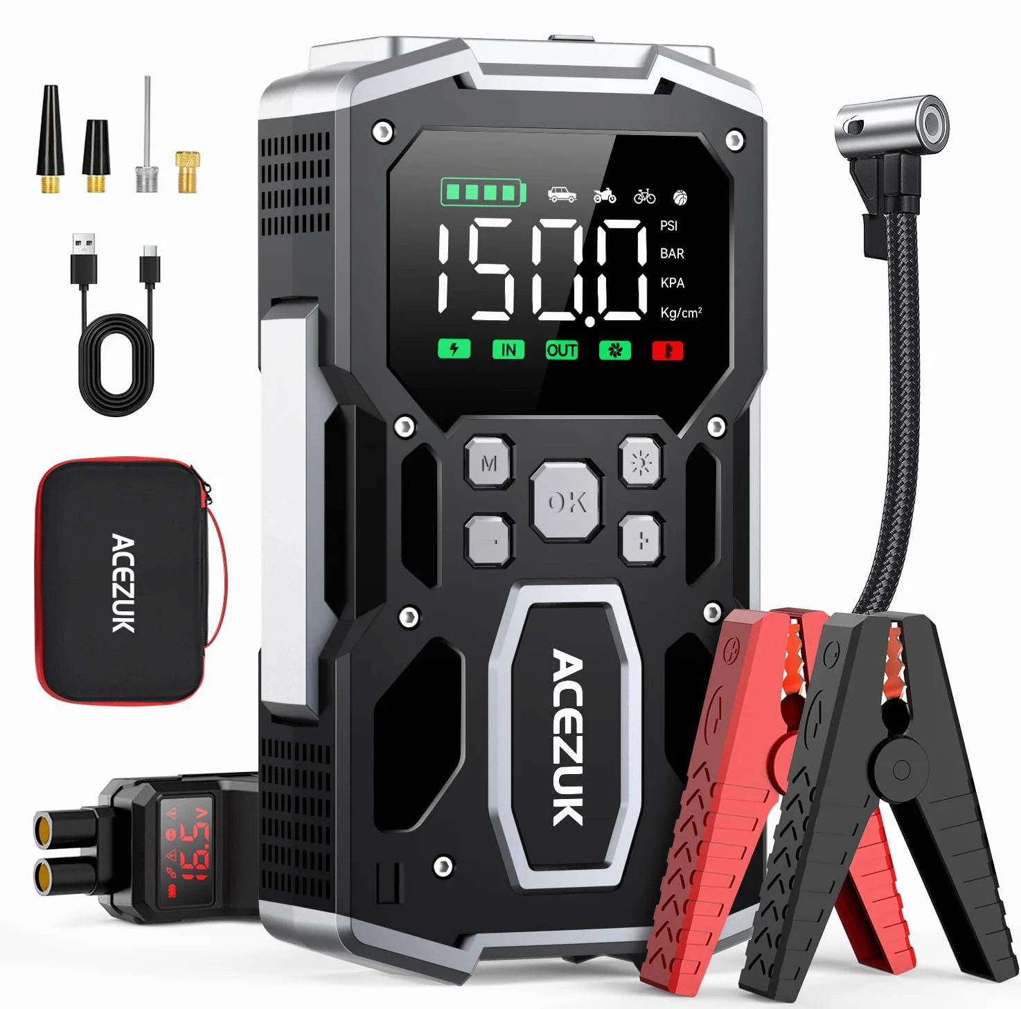 ACEZUK Starthilfe Powerbank mit 26800mAh 7000A Spitzenleistung,150PSI Kompressor, 4-in-1 Powerbank als Auto Starthilfe mit LCD Bildschirm, Tragbare Starter Powerbank mit LED Taschenlampe
