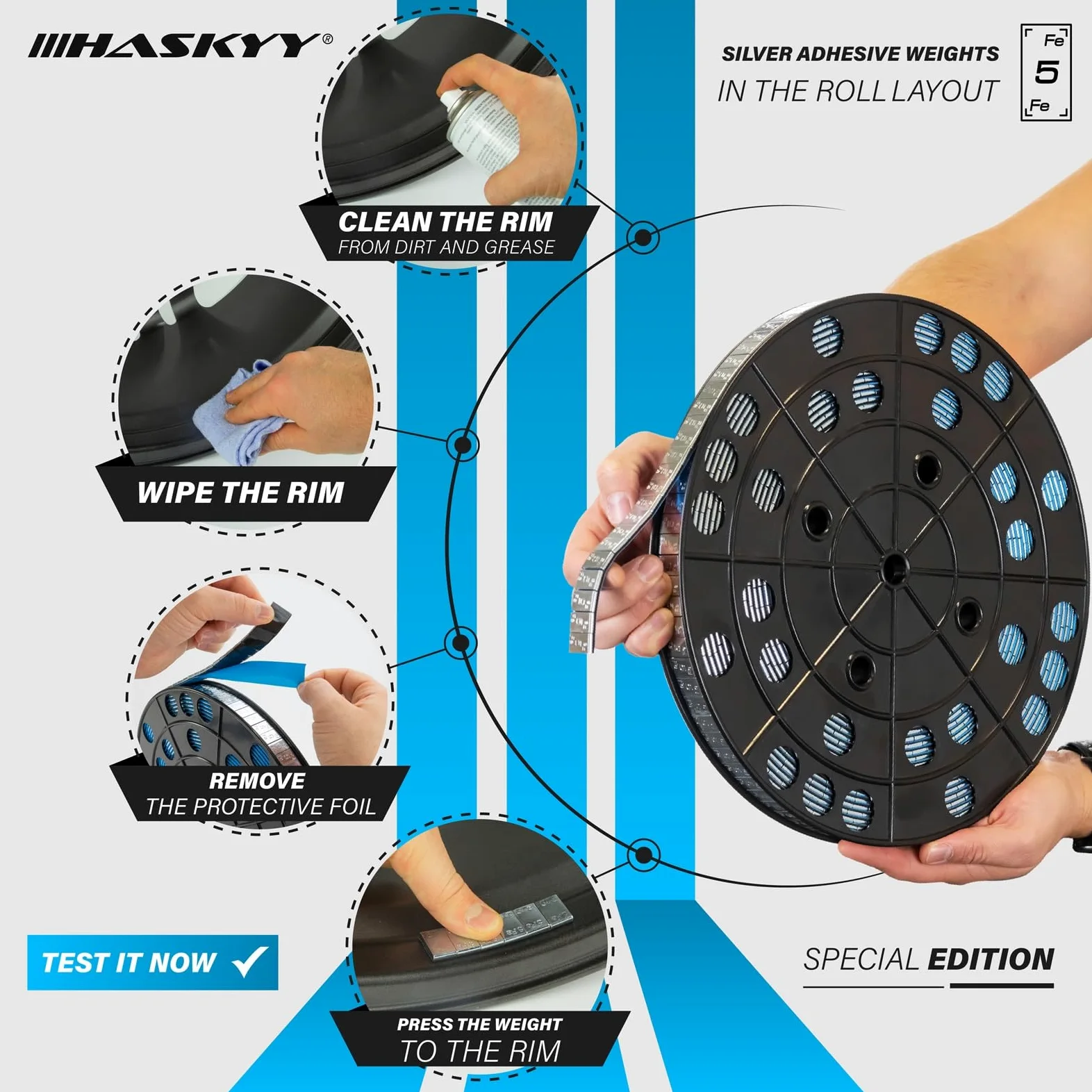 HASKYY Rollo de 54 kg de peso adhesivo, 10.800 x 5 g, barras adhesivas galvanizadas con borde de demolición, pesos de equilibrio para llantas de acero y llantas de aleación, con revestimiento de