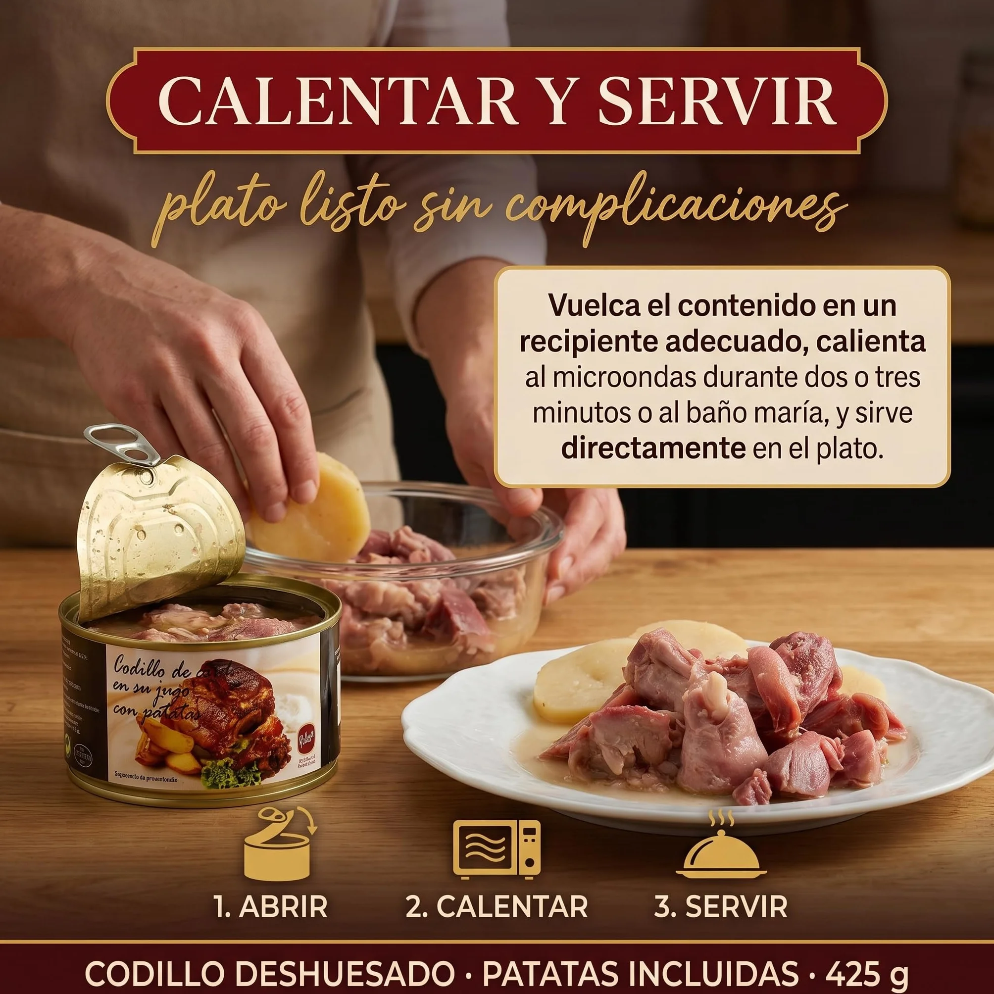 POLGRI Codillo de Cerdo en su Jugo Deshuesado con Patatas Lata 425 g Conserva Carne Cocinada Receta Manchega