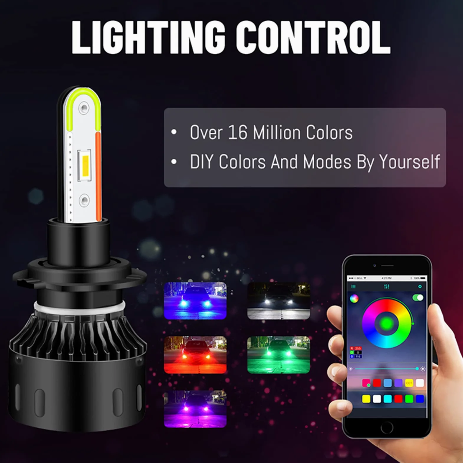 Bulbas LED LED, LED H4 H7 RGB Colorido Colorido 9005 9006 H11 CAR LIGHT HB3 HB4 H8 H9 Bulbo Turbo CSP Con Control APP RGB AUTO LUZ,9005