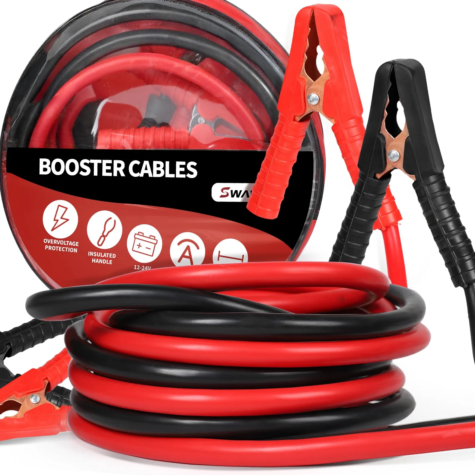 SWAWIS Pinzas Bateria Coche 4m 30mm² 1500A 12 V/24 V Pinzas Coche Cables de Puente para Baterías de Camiones Automóviles y Motocicletas con Bolsa de Almacenamiento