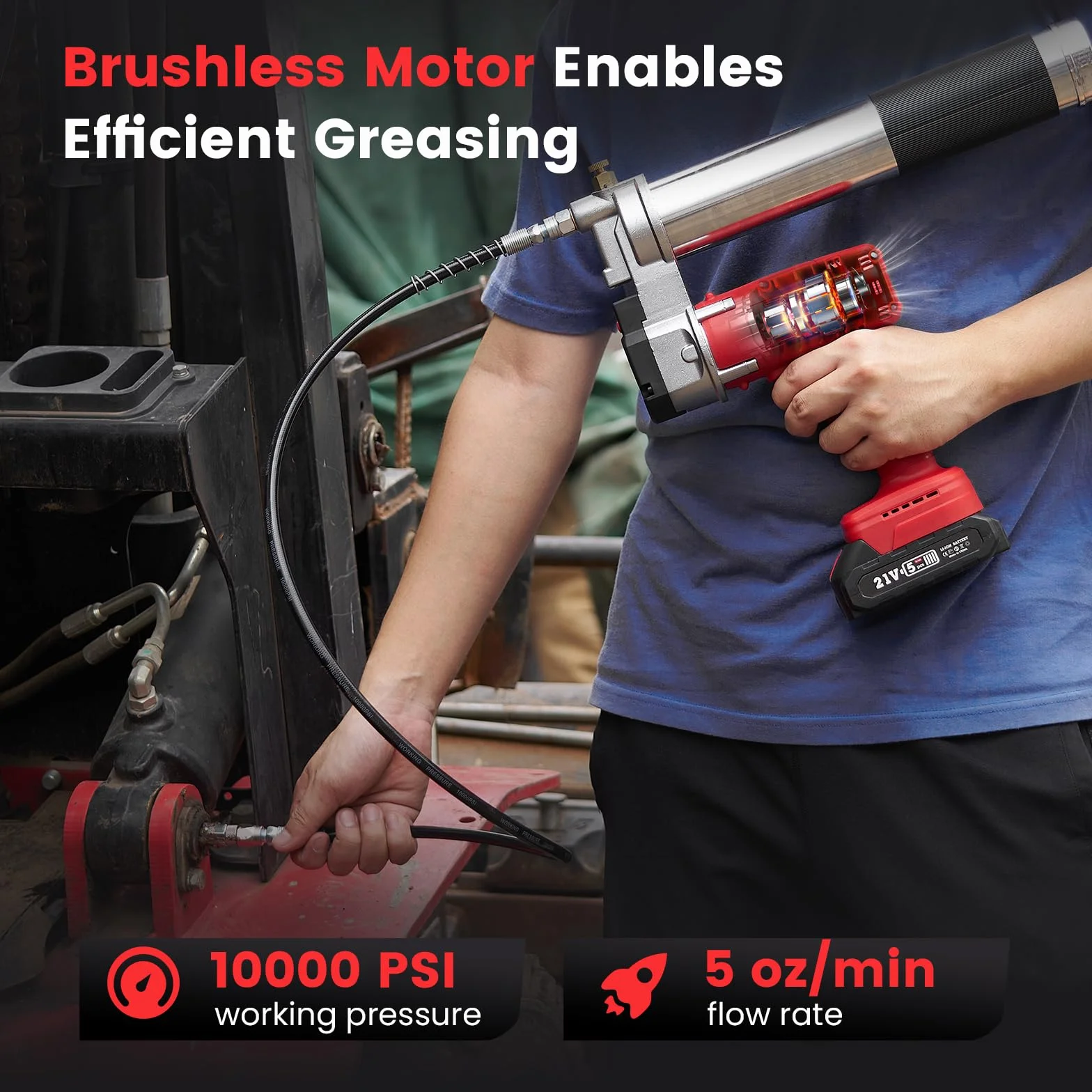 Engrasadora Bateria 10.000 PSI, 5 oz/min, Manos Libres, Pistola de Engrasar con 2 x 2000mAh Baterías, 39.4" Manguera Larga, 3 Diferentes Acopladores, para Engrasar Equipo Pesado