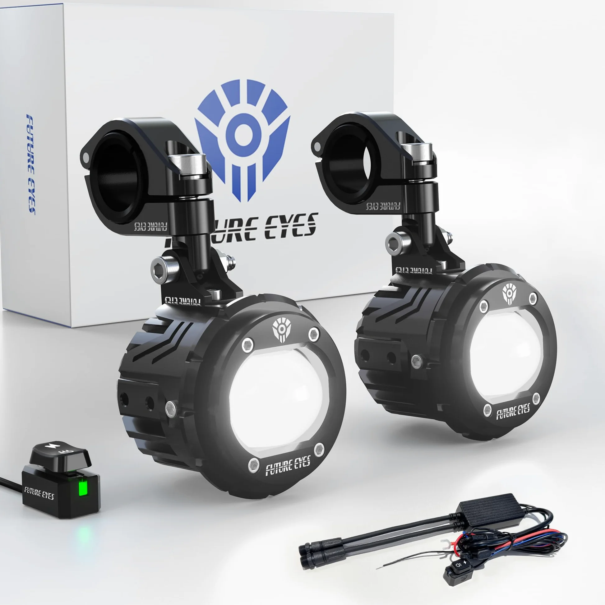 Future Eyes Faros Antiniebla LED para Moto, Foco Auxiliar de 60W con Giro de 360°, Luz Larga/Luz Corta, Luces Impermeables para Conducción Nocturna, ATV, UTV y Faros de Motocicleta