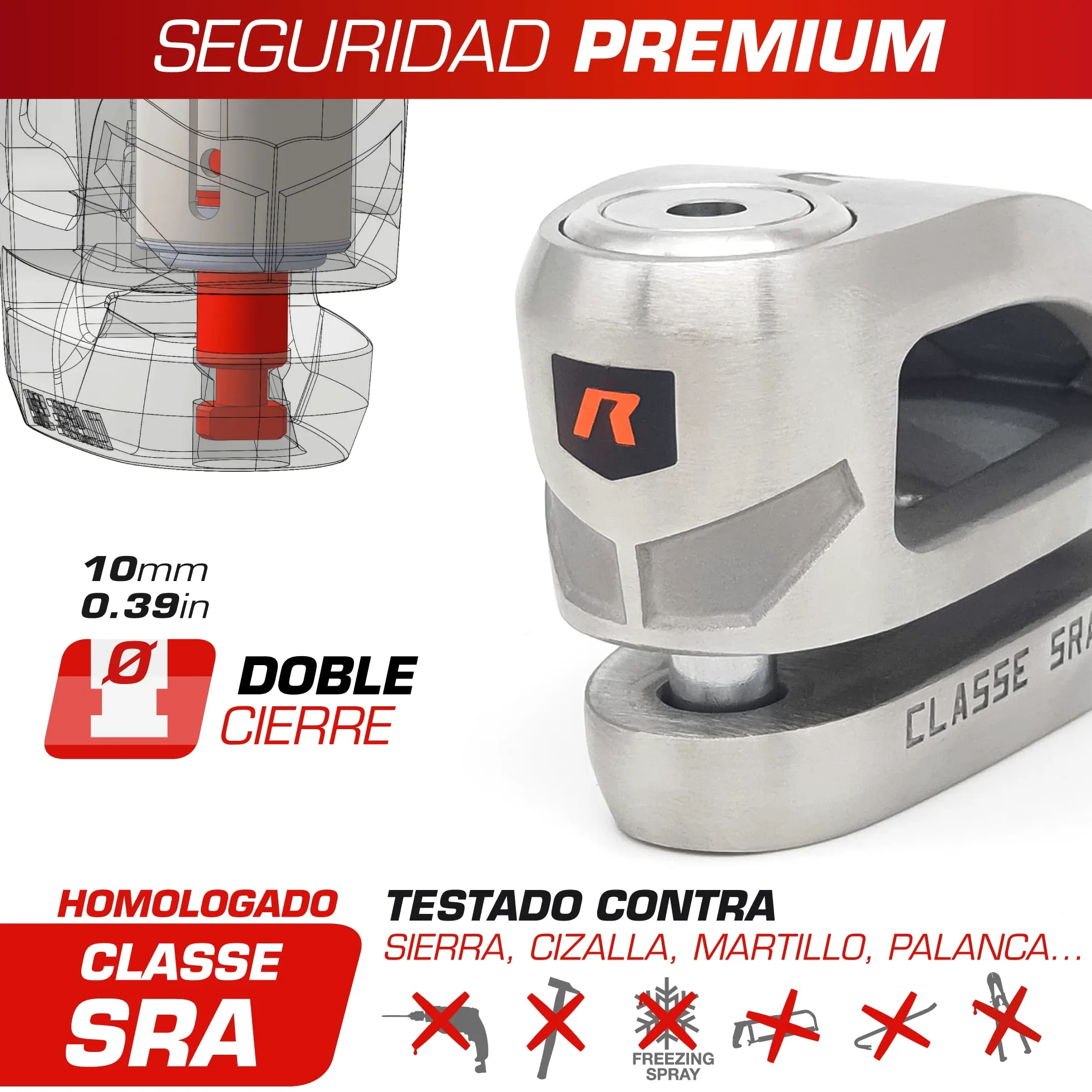 RADIKAL RK310S Candado Moto Premium, Antirrobo Disco Homologado SRA, Testado Doble Bloqueo ø10mm, Exclusivo Diseño Doble Puente, Cerradura Alta Seguridad, Acero Inoxidable, Cepo Pinza Motos y Scooter