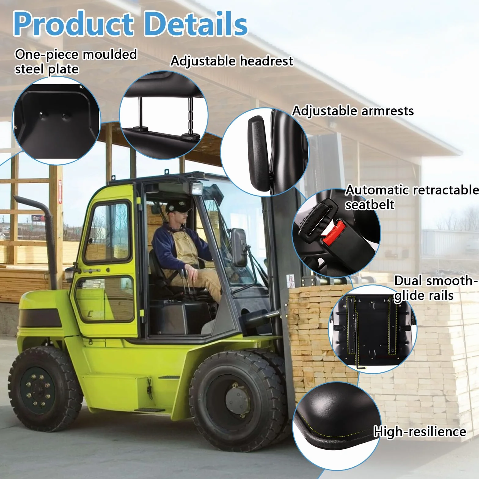 Asiento universal para tractor, asiento plegable para carretilla elevadora con respaldo ajustable y cinturón de seguridad, reposacabezas ajustable en 3 posiciones, reposabrazos plegables y rieles