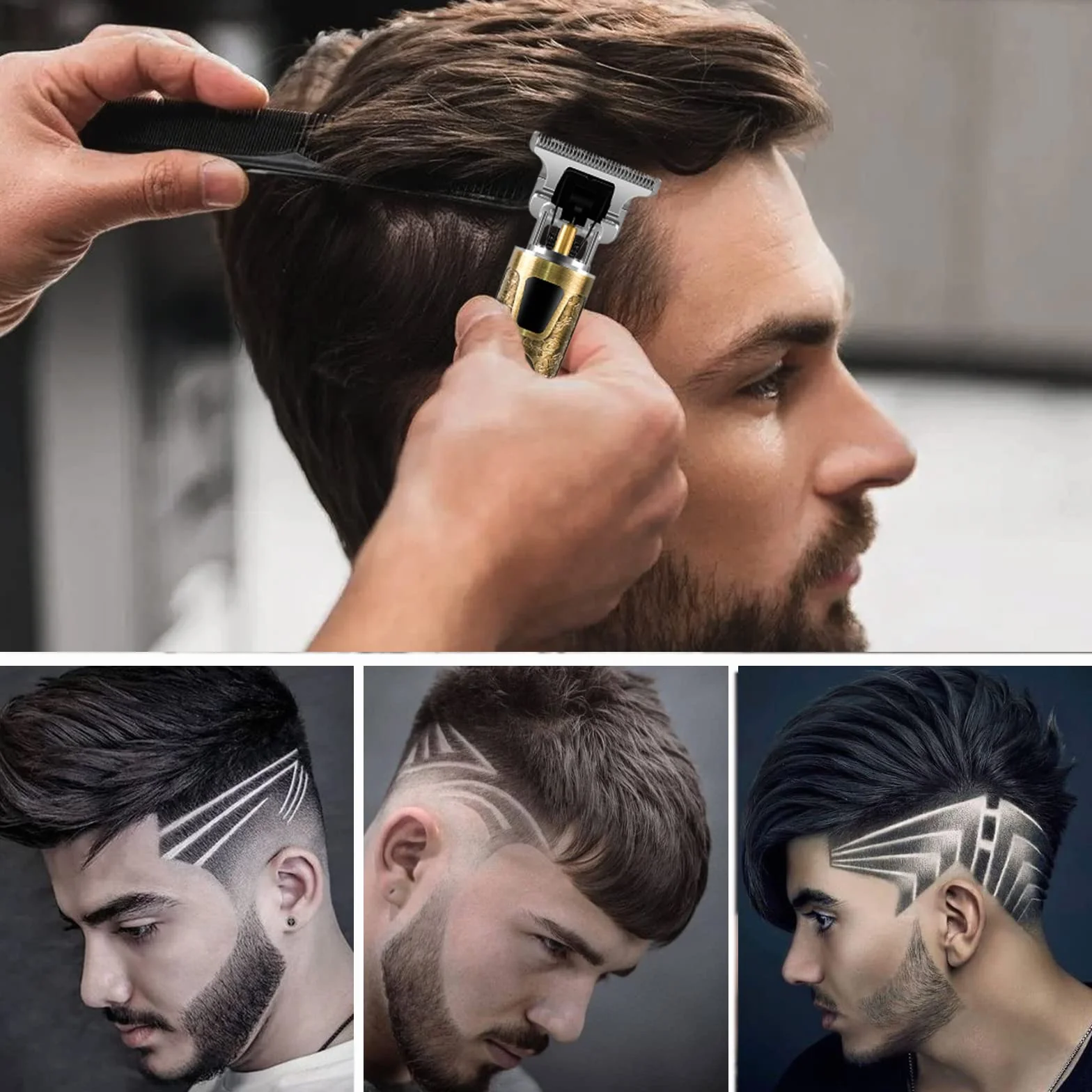 Cortapelos Inalámbrico Profesional Recargable con Hoja T, Cortador de Pelo y Barba con 4 Peines-guía