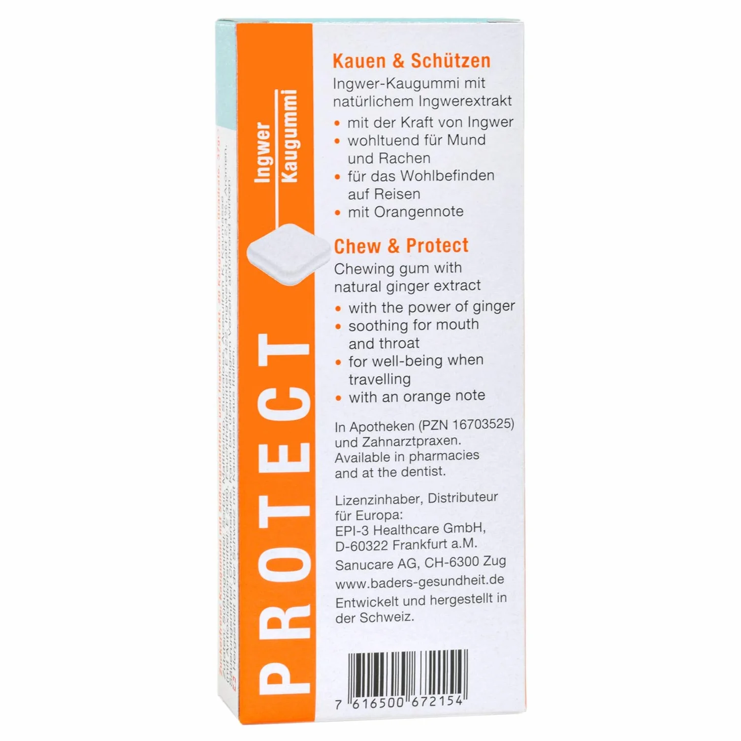 BADERs PROTECT Chicle de Jengibre, 3 x 20, Sabor Naranja, Ideal para Viajes