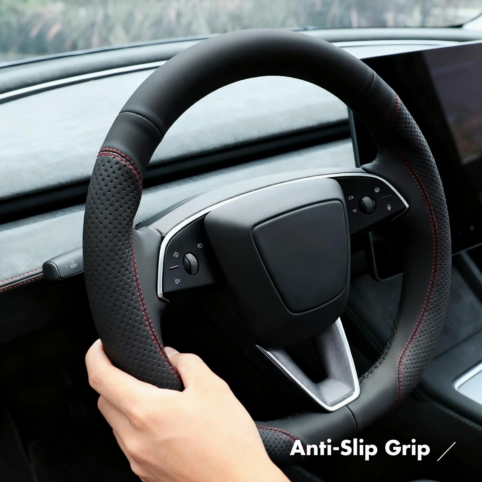 MEWANT Funda para volante de piel de microfibra auténtica de fácil costura de 30 minutos, compatible con Tesla Model 3 Highland 2023-2026 Model Y Juniper 2025-2026, compatible con calentador, ajuste