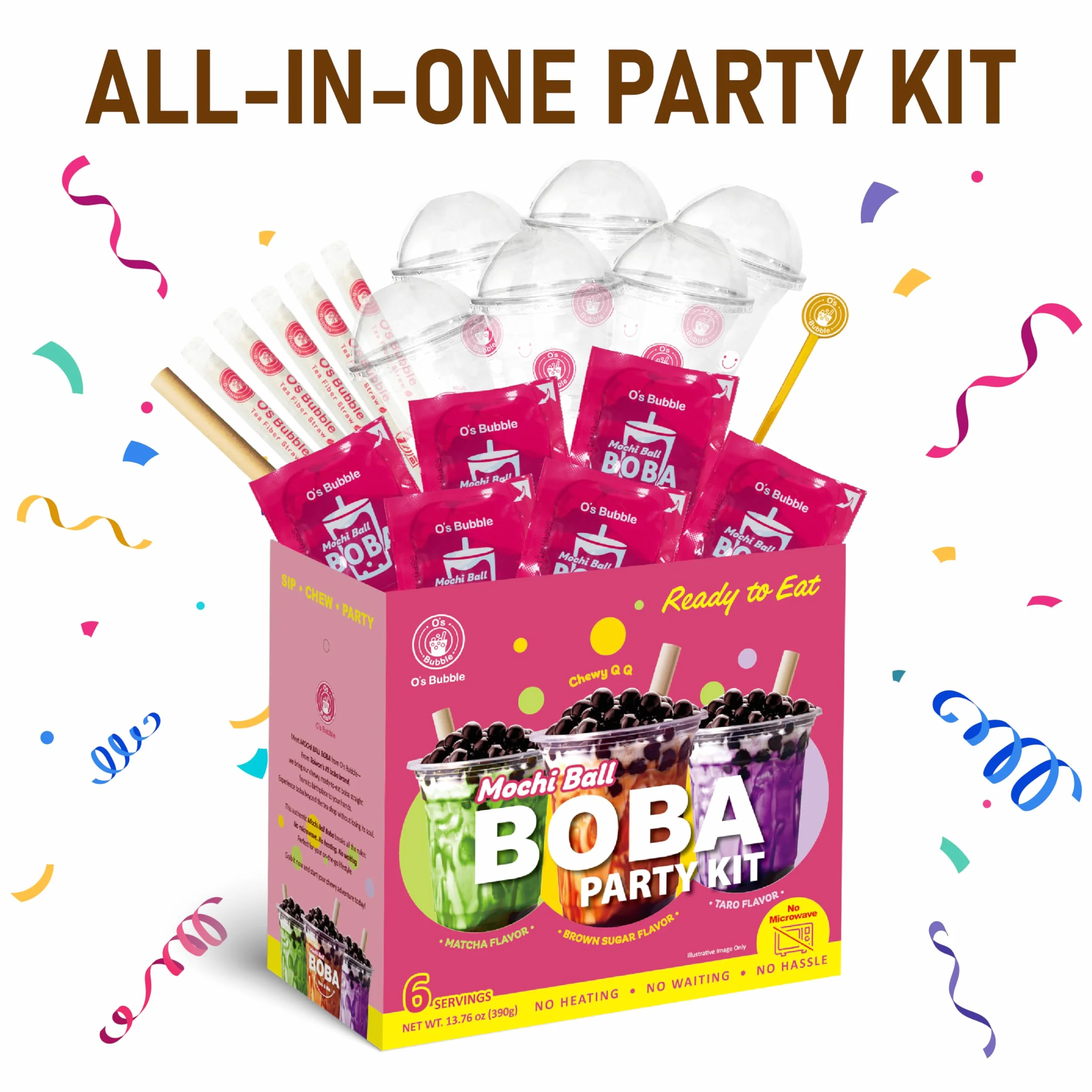 O's Bubble BOBA Party Kit 3.0 - Kit de té Boba todo en uno con Boba masticable - Sabores mixtos - Incluye tazas, popotes, agitador - 6