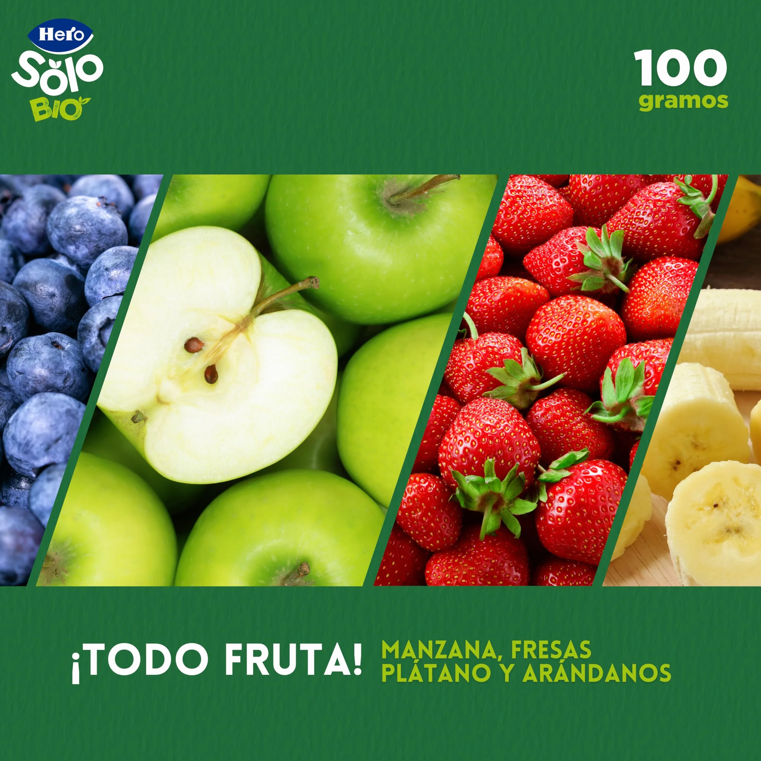 Hero Solo Bolsitas Ecológicas Manzana Fresa Plátano Arándanos 18x100g