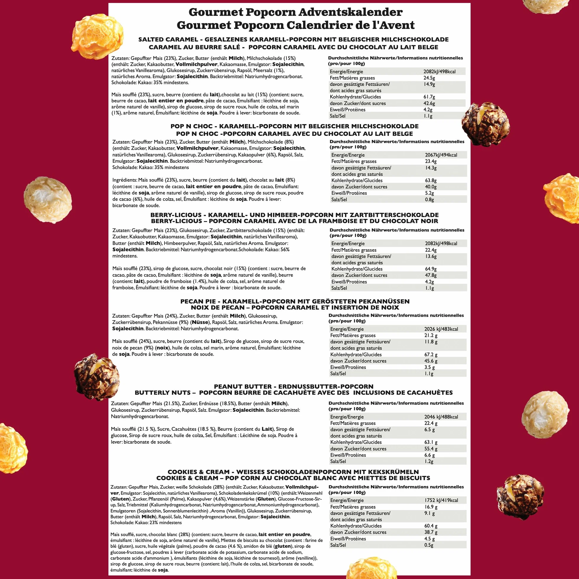 Calendario de Adviento Navidad Palomitas Gourmet 2022 6 Sabores Regalo Natural Vegetariano