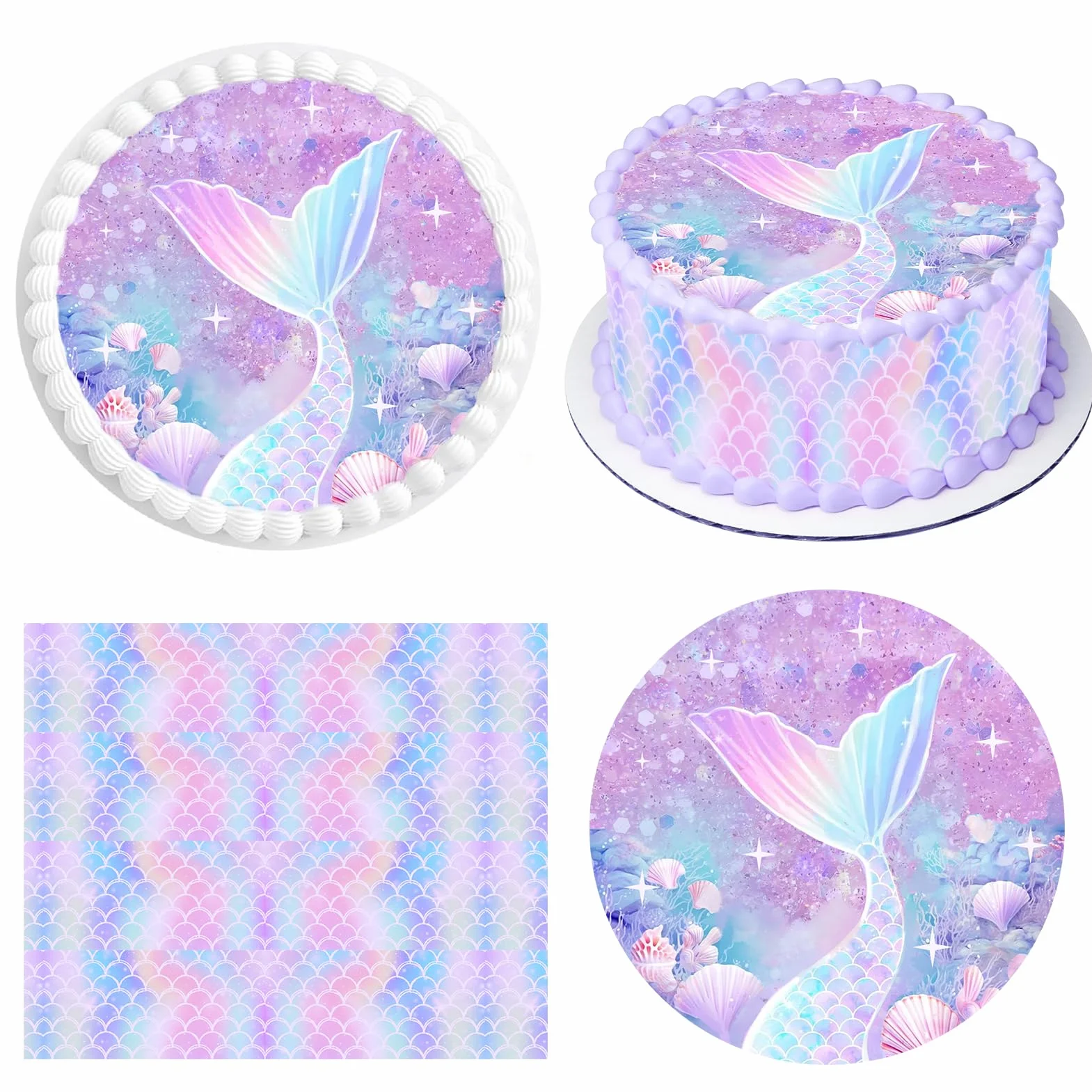 Decoración para Tartas de Sirena, Oblea Sirenita, Papel Comestible, Cinta 24cm x 5cm, Fiestas Cumpleaños Morado