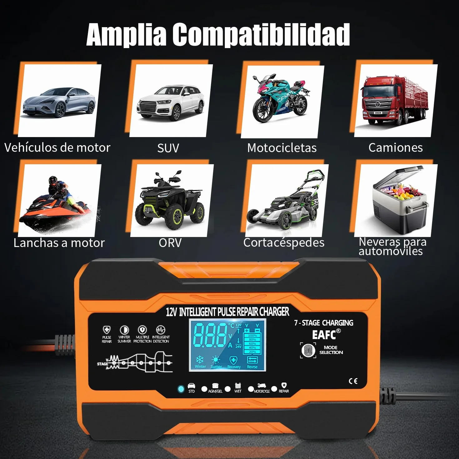 12A Cargador Baterias Coche Inteligente 12V, Mantenedor Bateria Moto para Baterías de Plomo-ácido, STD, AGM, Gel, SLA, Cable de 2m, Control Táctil, Compensación de Temperatura