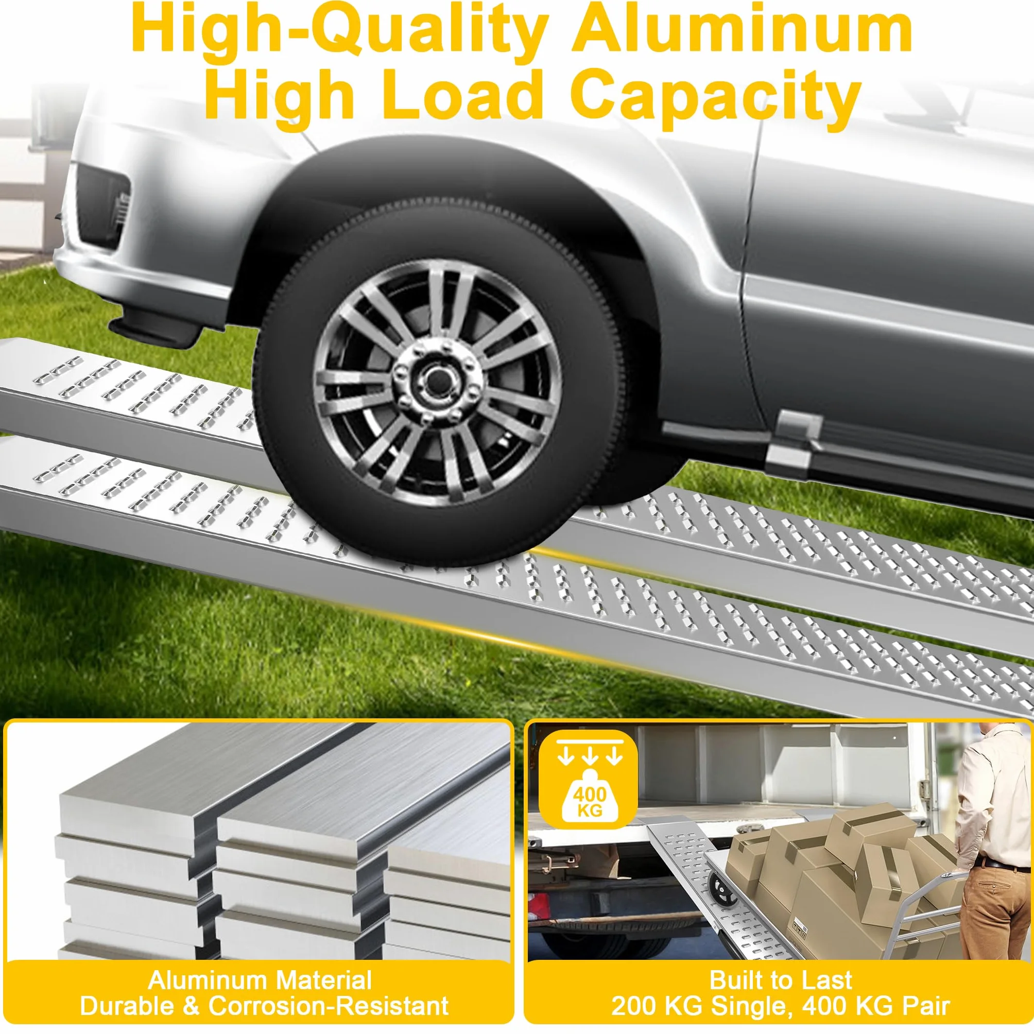 FIVMEN 2 rampas de carga para coches, 135 cm, 400 kg, capacidad de carga de aleación de aluminio, rampa para silla de ruedas, rampa de carga con superficie antideslizante y asa, rampa para escaleras