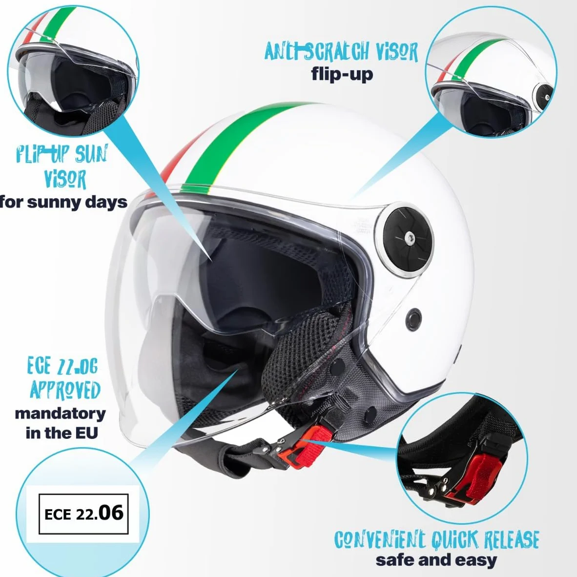 VINZ Neiva Casco Jet con Doble Visera | Casco Scooter & Moto & Ciclomotor | con Visera Solar & Bandera Italiana | ECE 22.06 Homologado | En Tamaño XS - XXL | para Hombre y Mujer