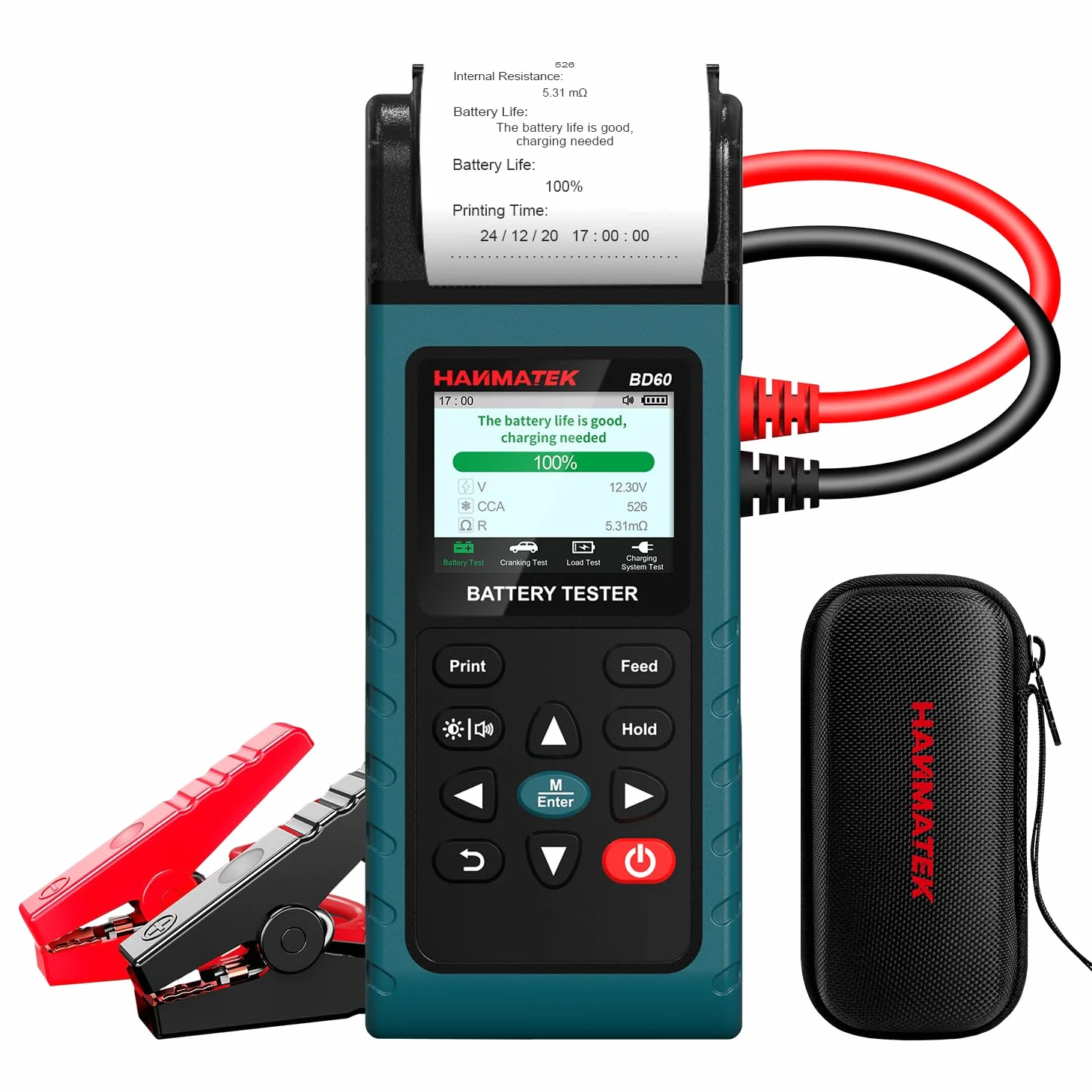 HANMATEK12V/24V Probador de Batería de Automóvil,Probador de Carga 100-2000 CCA, Probador de Alternador Automotriz,Analizador Digital de Batería para Automóvil,Camión,Marina,Motocicleta,SUV- BD60