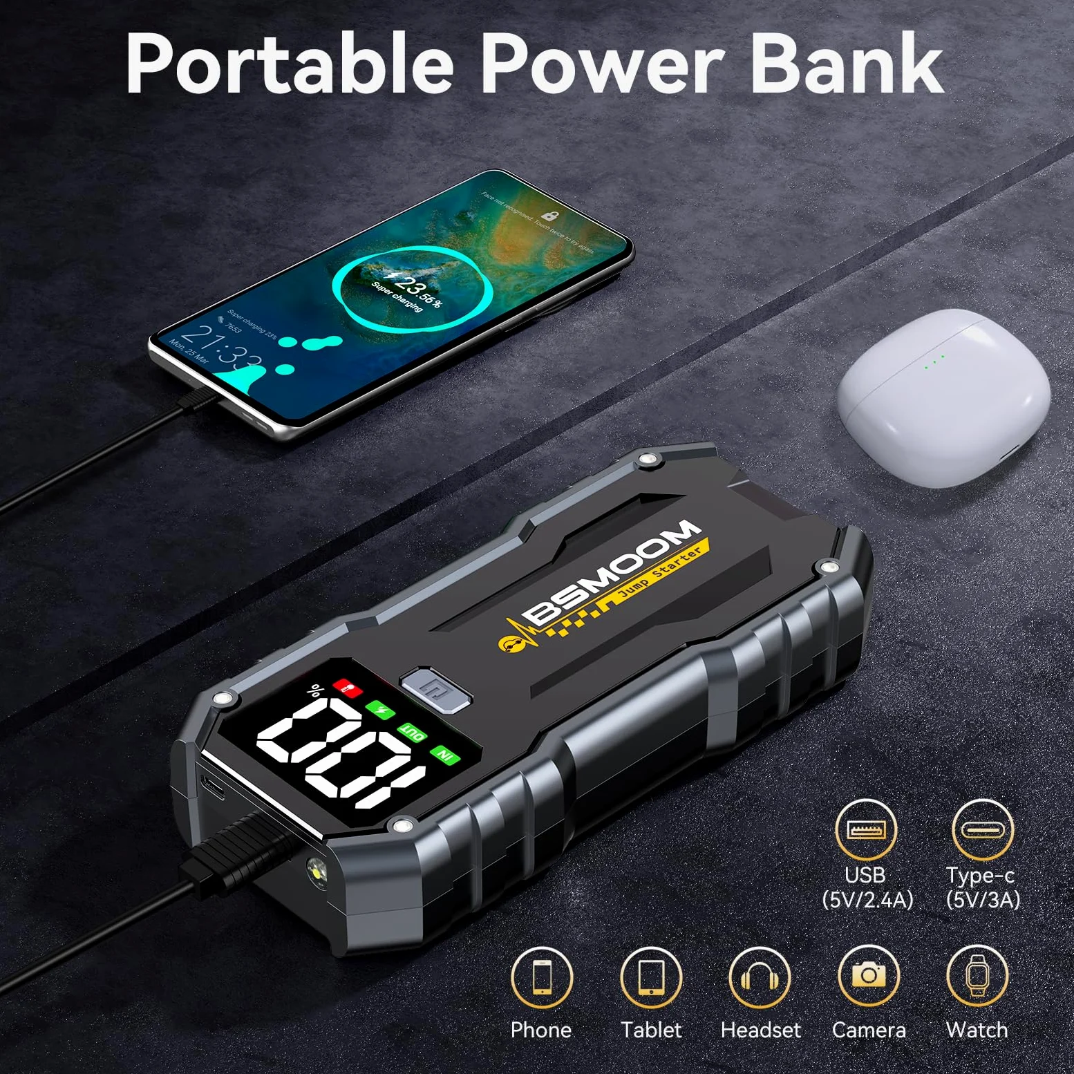 Arrancador de Baterias de Coche, 5000A Arrancador de Coches Portatil (para 10.0L de Gasolina o 8.0L de Diésel) 12 V Booster con Carga rápida USB y Linterna LED de Emergencia