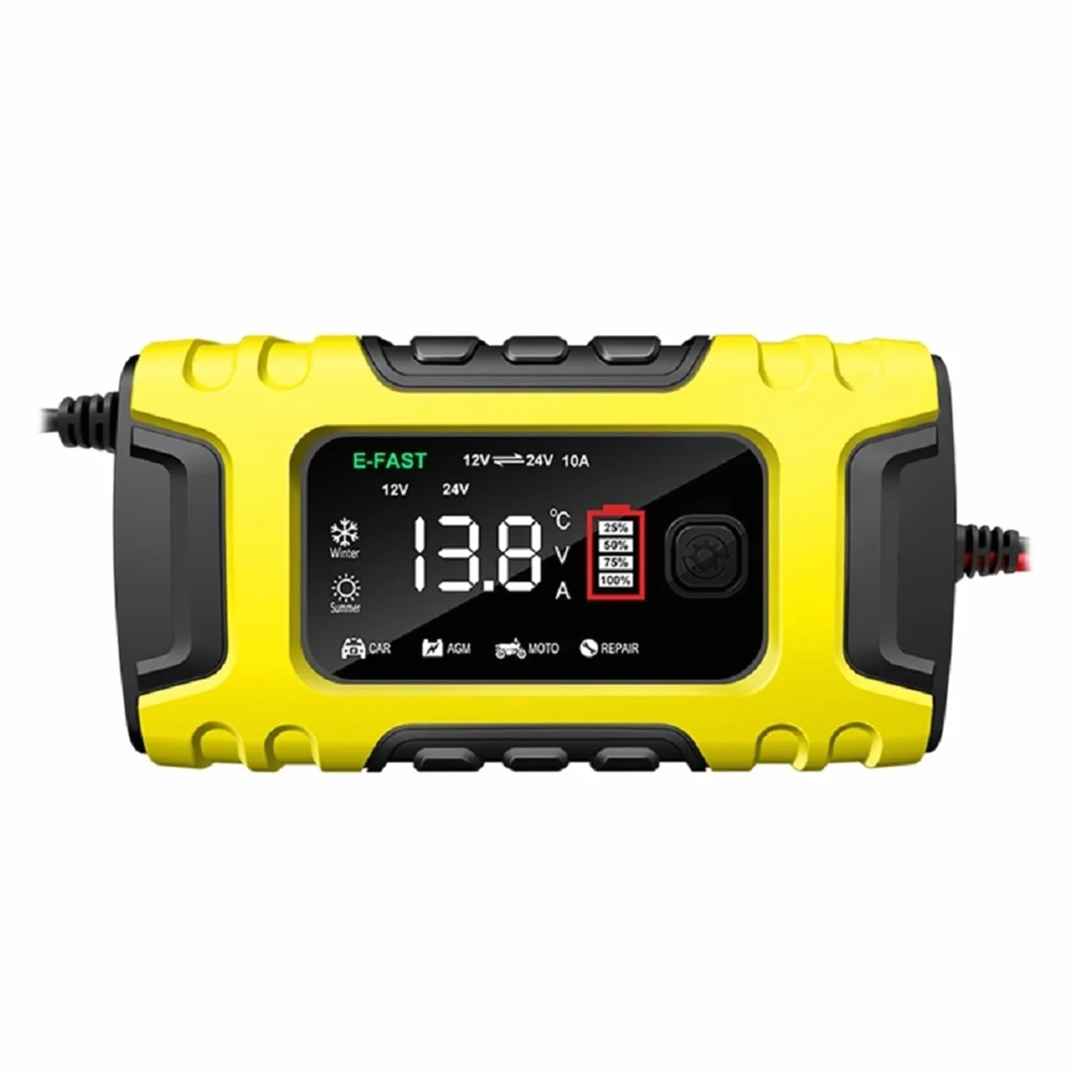 Cargador De Batería Coche Inteligente 7 Etapas 12V-24V, Digital 10A Completamente Automático, Reparación Pulso For Ácido Plomo Carga De PrecisióN(Yellow)