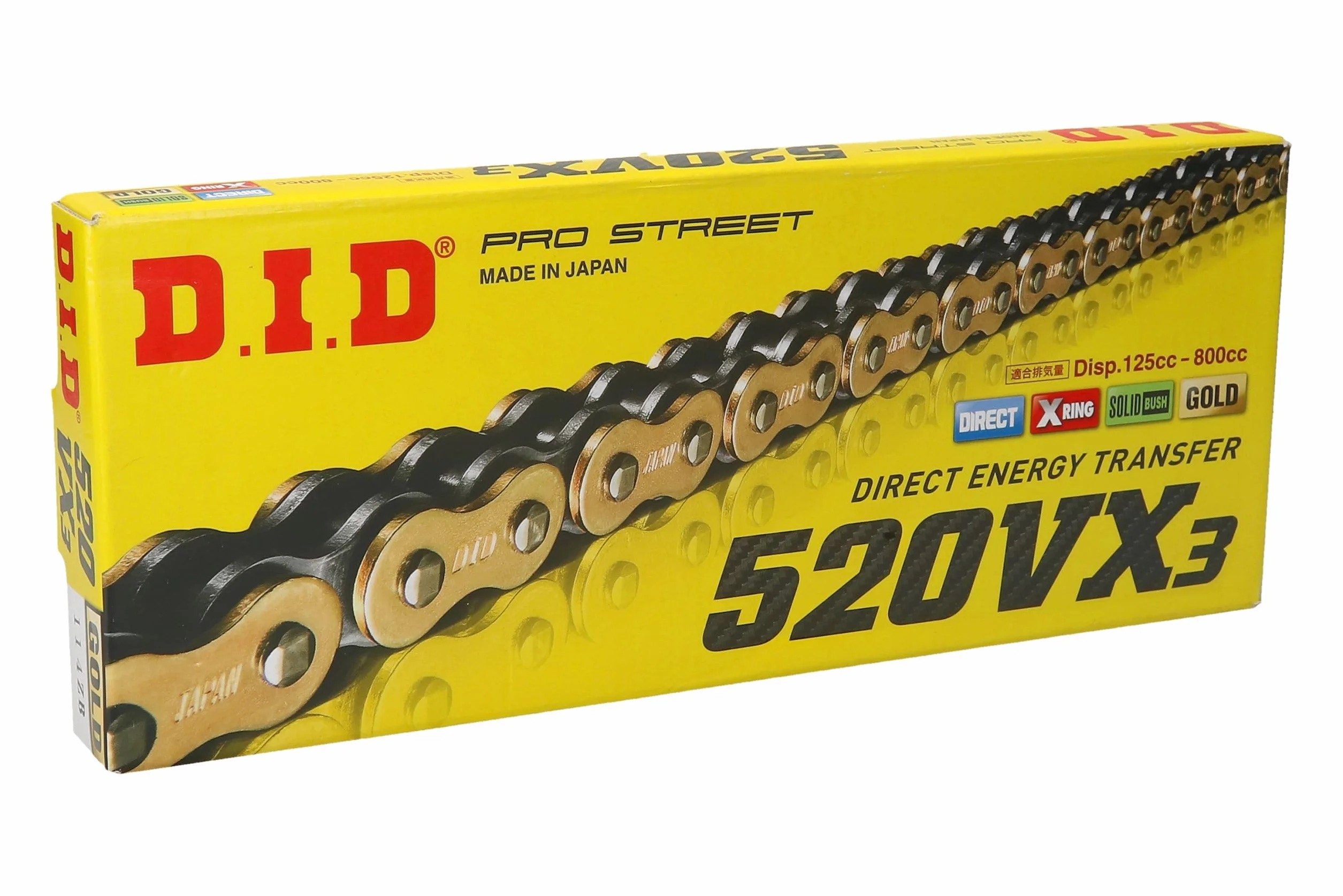 DID Cadena 520VX3 (Oro y Negro) - Longitud: 114 eslabones con unión remachada (ZJ)