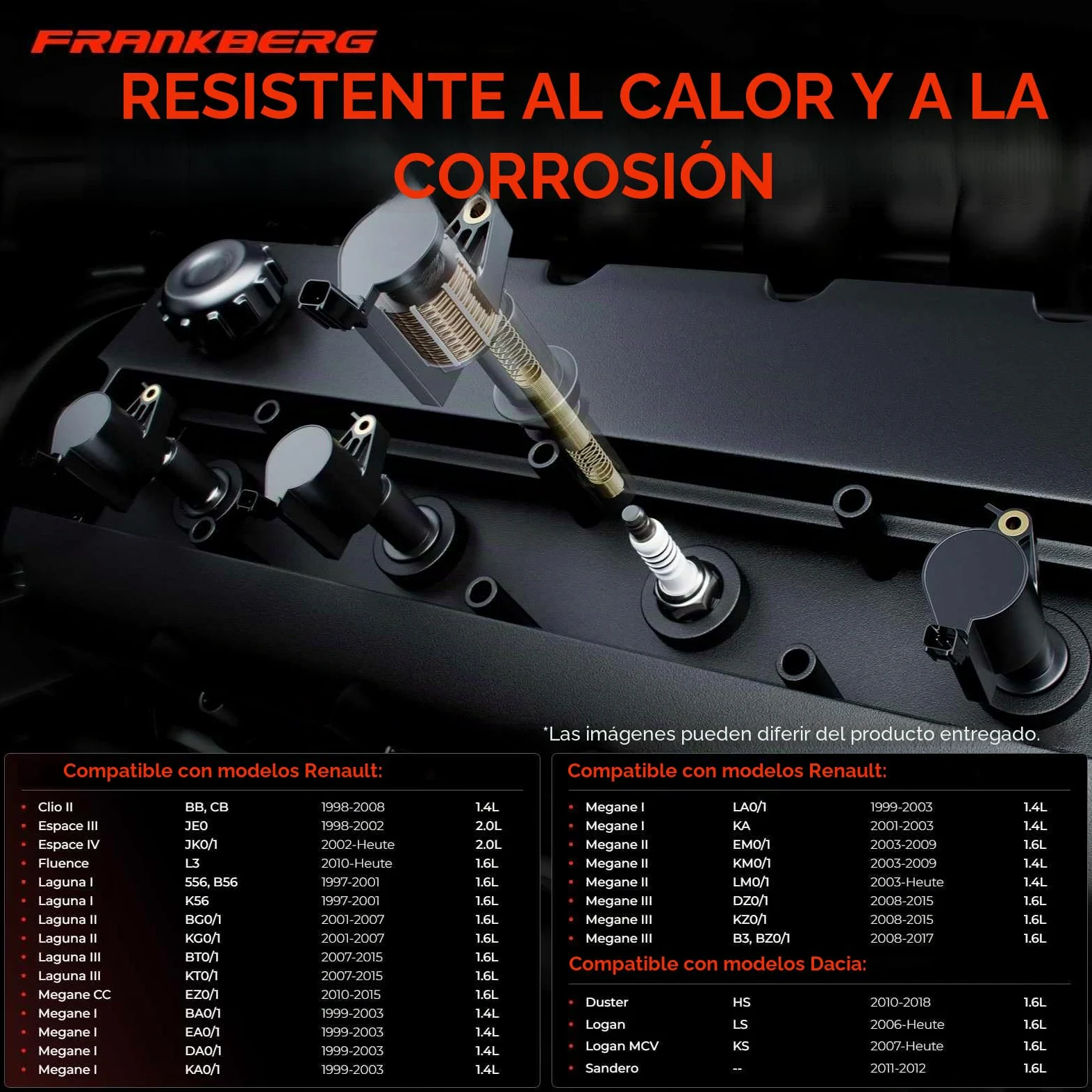 Frankberg 4 bobinas de encendido + 4 bujías 7700107177 | Compatible con: M.e.g.a.n.e I Clásico LA0/1, Grand Scénic III JZ0/1, Thalia II LU, M.e.g.a.n.e I Entrenador DA0/1