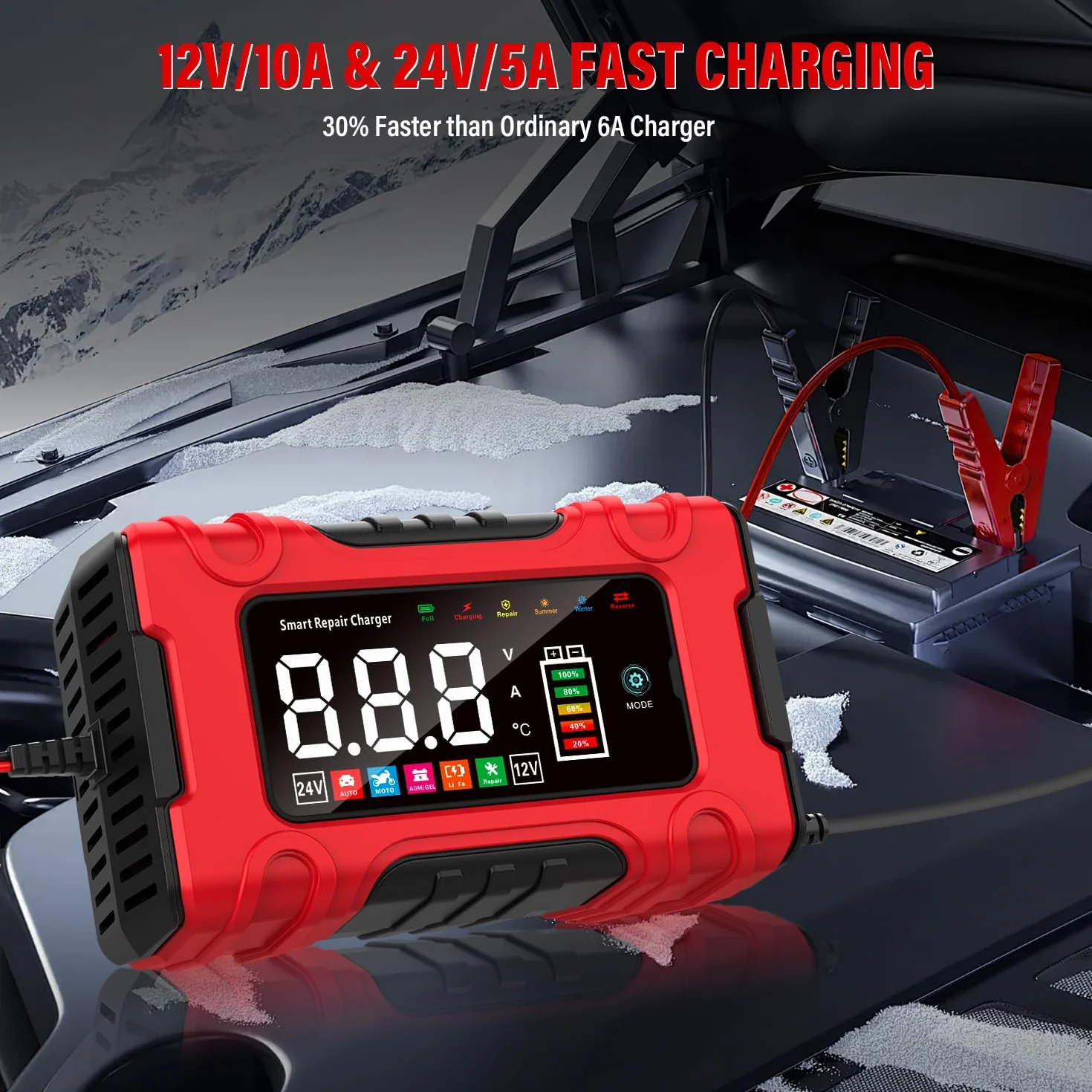 Cargador de Bateria de Coche 10A, 12V/24V Mantenedor Bateria Moto con Modo de Reparación y Carga Lenta para Automóviles, Motocicletas y Camiones, Baterías AGM, Gel, Húmedas, SLA y LiFePO4
