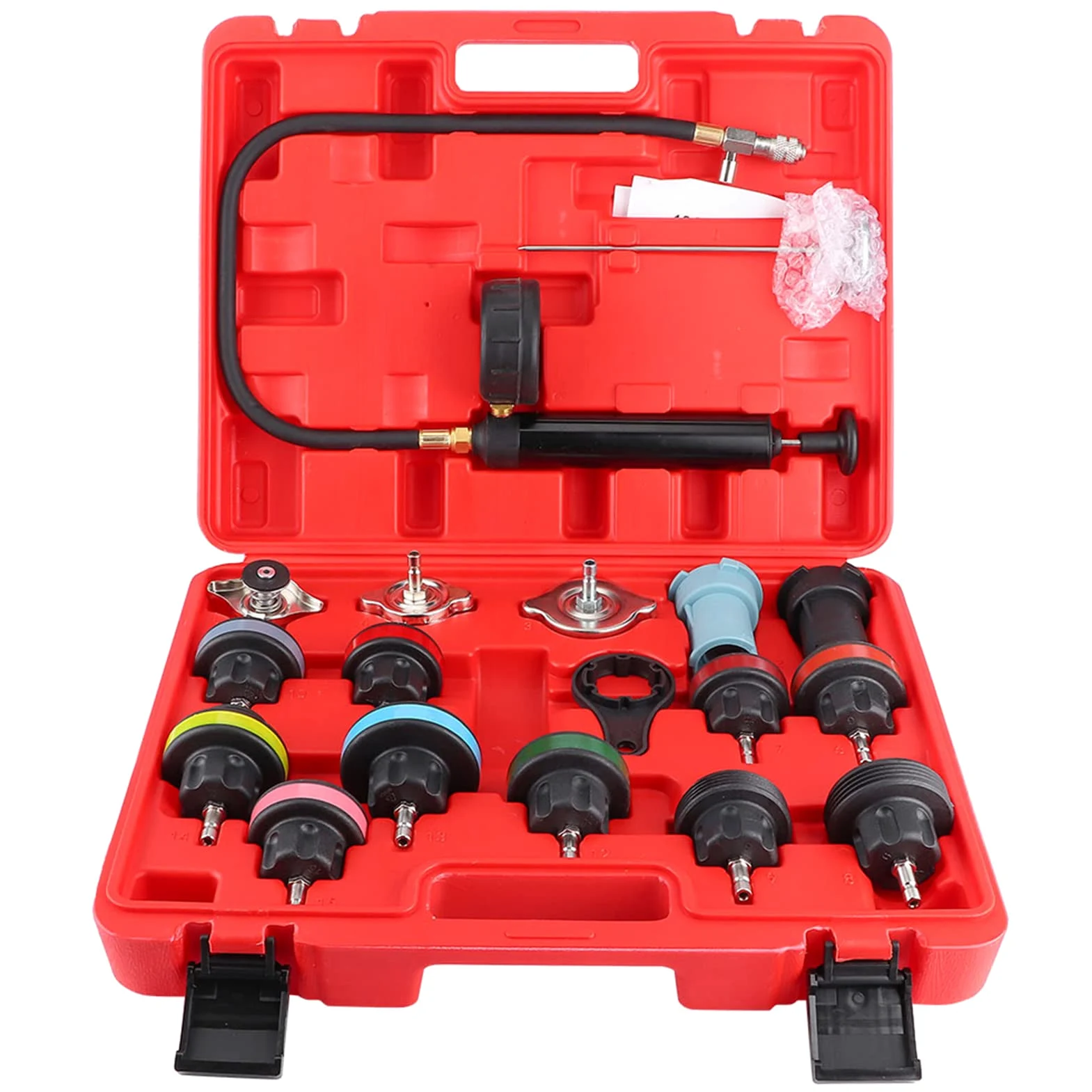 SIXRUN Kit de Prueba de de Refrigeración de Automóvil de 18 Piezas, Bomba Manual de Prueba de Presión con Manómetro para Adaptador de Radiador, Detector de Fugas para Vari