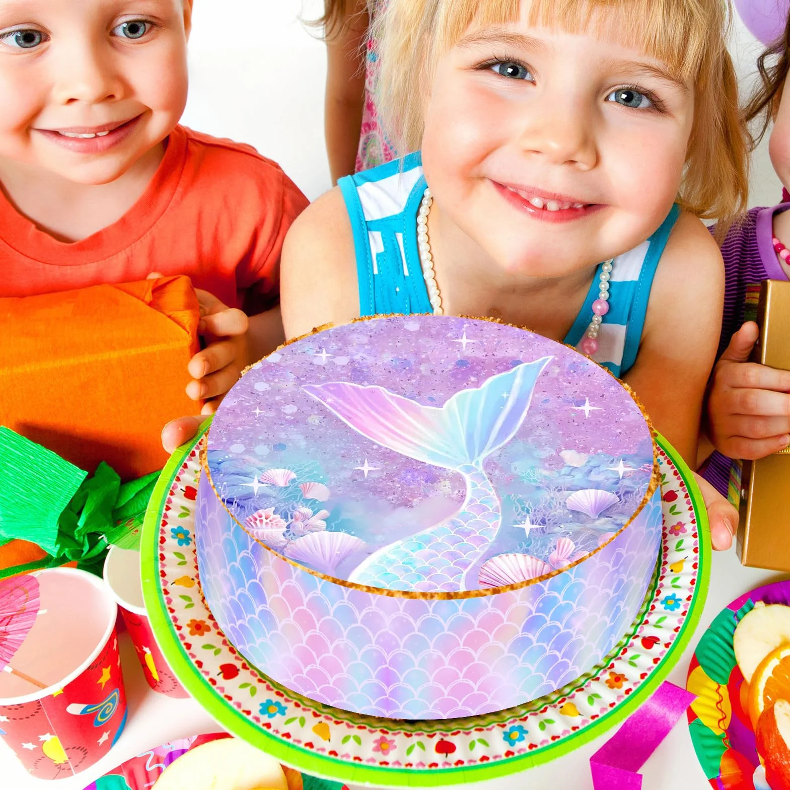 Decoración para Tartas de Sirena, Oblea Sirenita, Papel Comestible, Cinta 24cm x 5cm, Fiestas Cumpleaños Morado