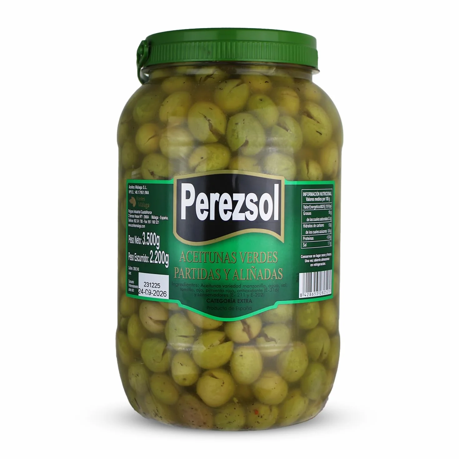 Aceitunas Manzanilla Partidas Extra Perezsol Bote 3 kg (2,2 kg Escurrido) Aperitivo Español
