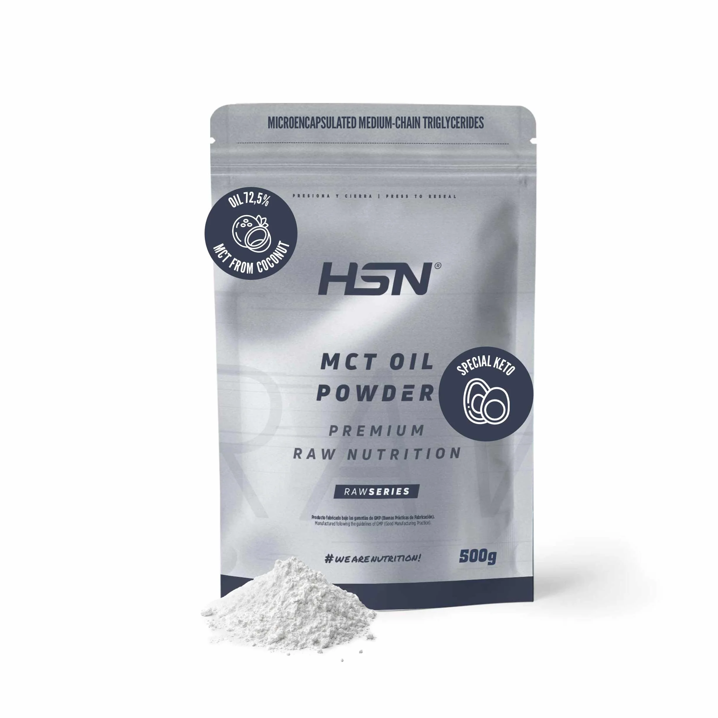 HSN Aceite MCT de Coco en Polvo 500g 50 Servicios Triglicéridos Cadena Media Microencapsulados Keto Vegano Sin Azúcares Gluten
