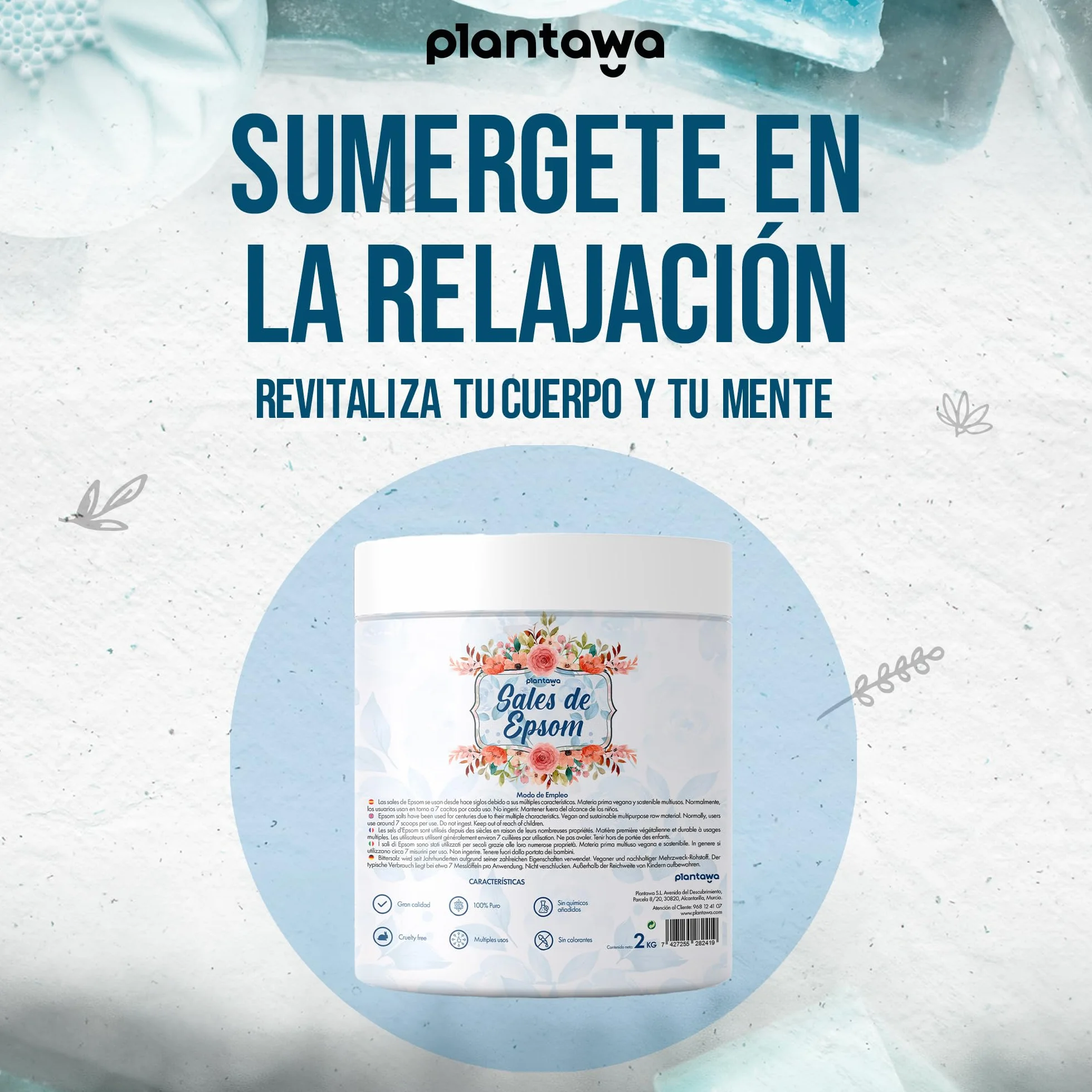 Sales de Epsom 2KG | Sales de Baño con Sulfato de Magnesio para Relajación Muscular | Aromaterapia Relajante, Baño Espumoso 100% Natural