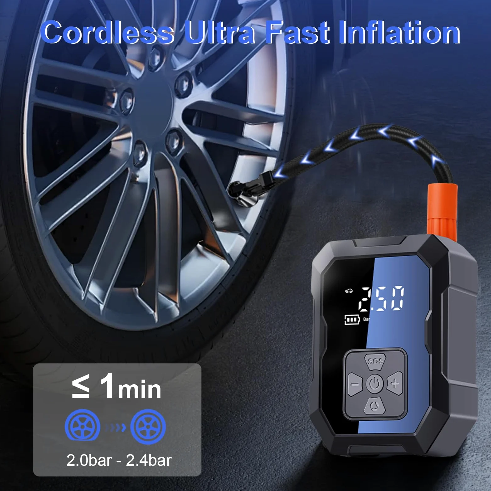Compresor de aire portátil inflador de neumáticos, bomba de neumáticos 2 en 1 inalámbrica y encendedor de cigarrillos, con manómetro, hasta 150 psi, pantalla digital para coches, motocicletas
