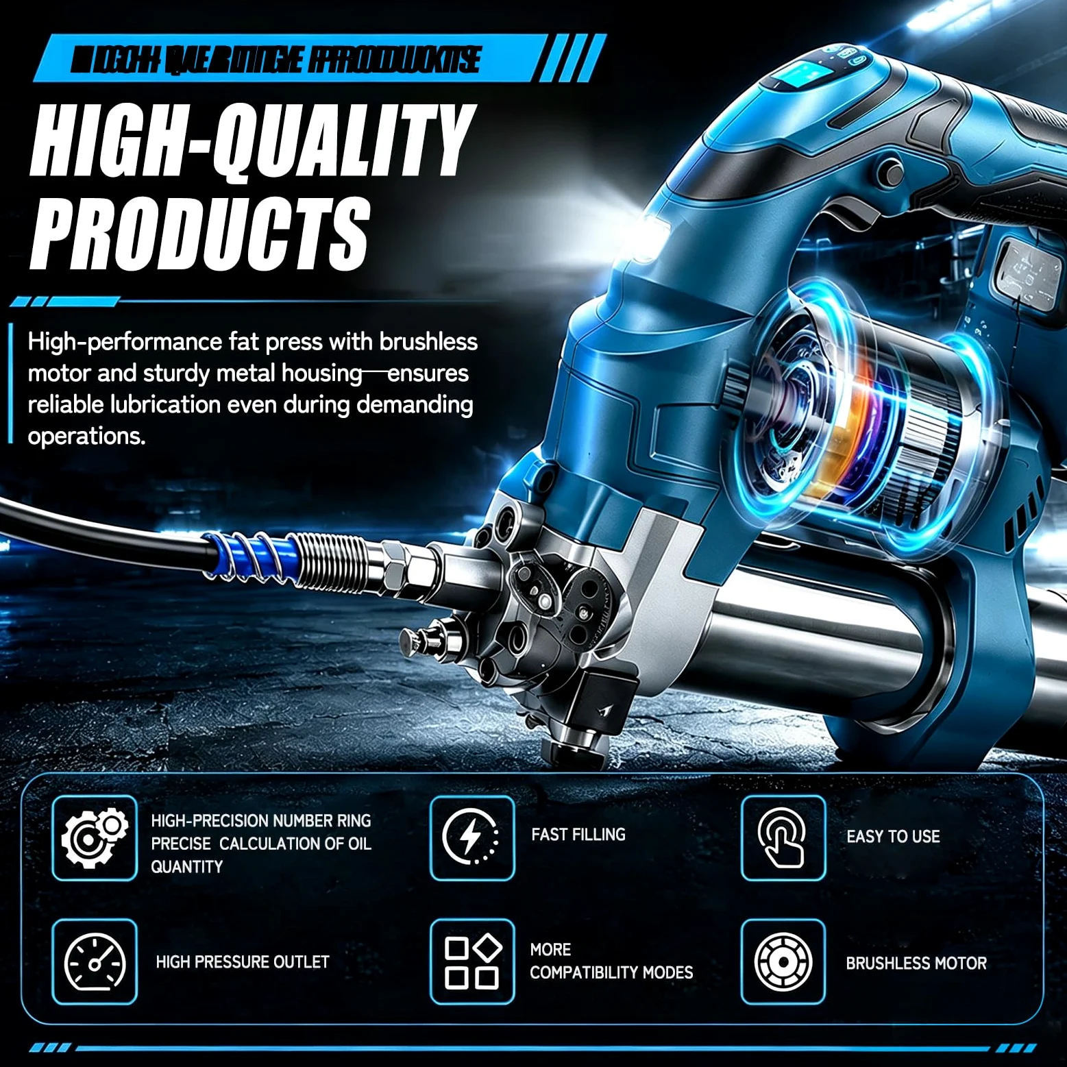 12.000 PSI Engrasadora Bateria Kit - Set Completo con 2 Baterias Premium de 2,0 Ah, Manguera Flexible de 1 M, Luz Led Brillante Y Motor Sin Escobillas Potente, 3 Velocidades Variables